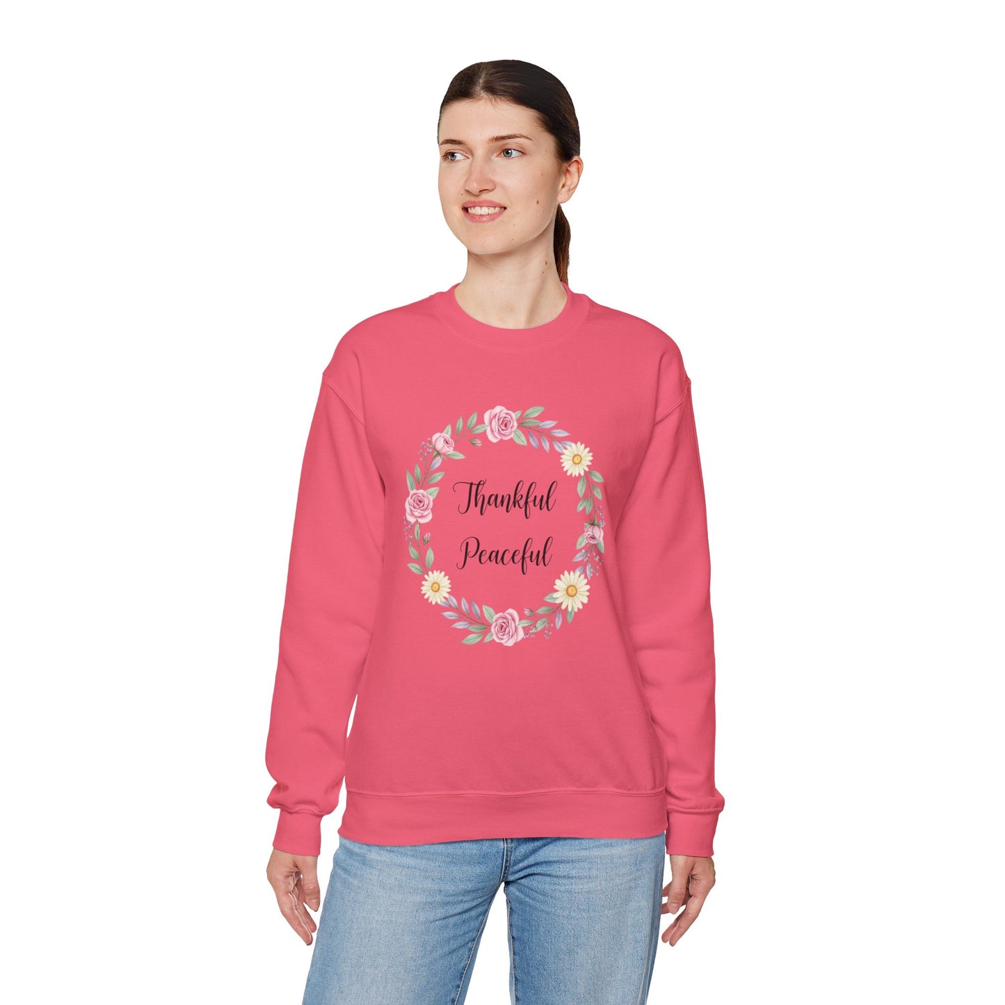 Thankful Peaceful Sweatshirt, Floral Wreath Crewneck, Inspirational Quote Sweater, Positive Message Pullover, Uplifting Gift For Women
