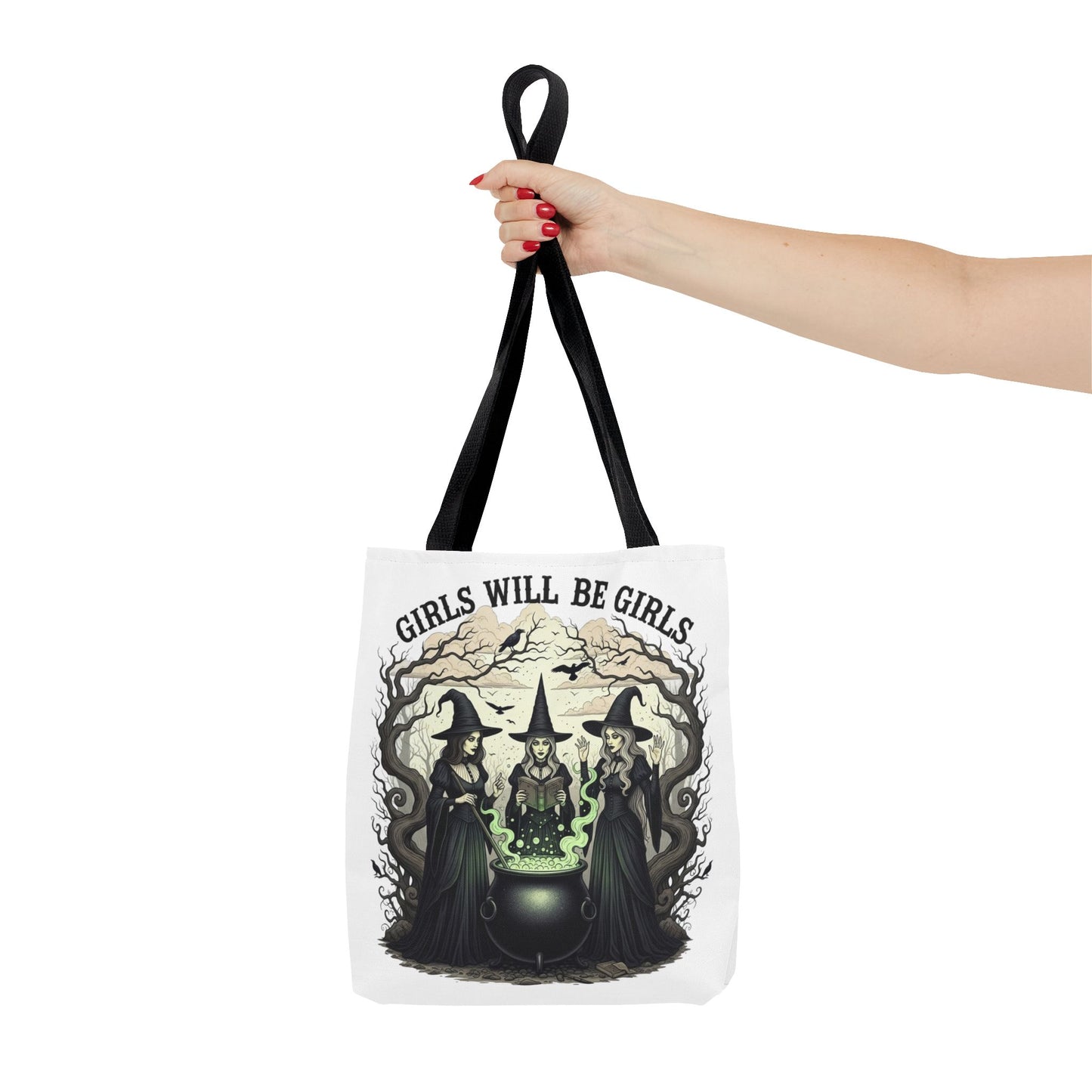 Girls Will Be Girls Halloween Tote Bag, Witchy Aesthetic Bag, Gothic Witches Cauldron Art, Spooky Gift, Reusable Eco Tote For Halloween Lovers