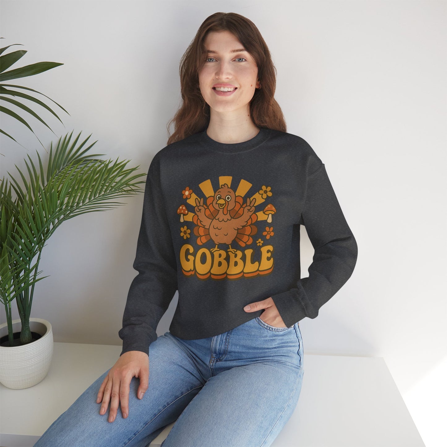 Gobble Turkey Sweatshirt, Retro Fall Turkey Crewneck, Thanksgiving Graphic Pullover, Autumn Mushroom & Flower Design, Cozy Fall Top