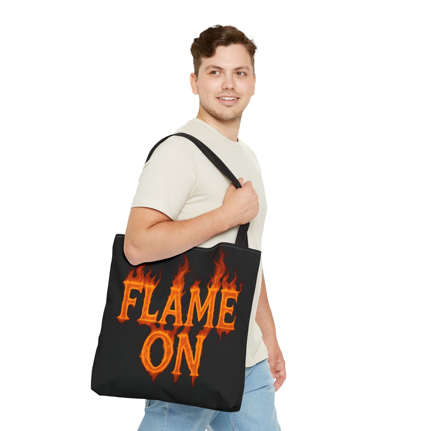 Flame On Tote Bag - Fire Typography Black Bag for Book Lovers, Gym, or Groceries | Bold Comic-Inspired Catchphrase Tote