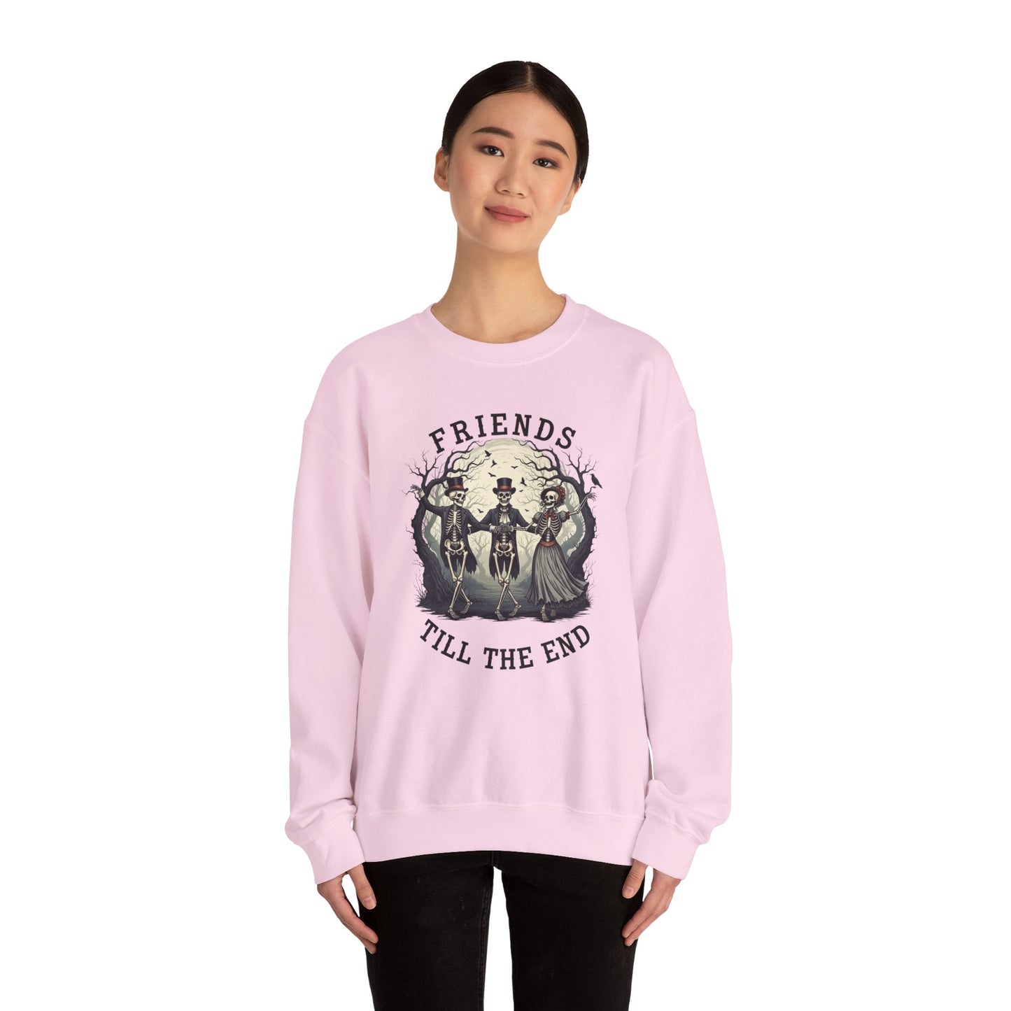 Friends Till The End Skeleton Sweatshirt | Dancing Skeletons Halloween Crewneck | Spooky Fall Graphic Pullover Gift for Bestie