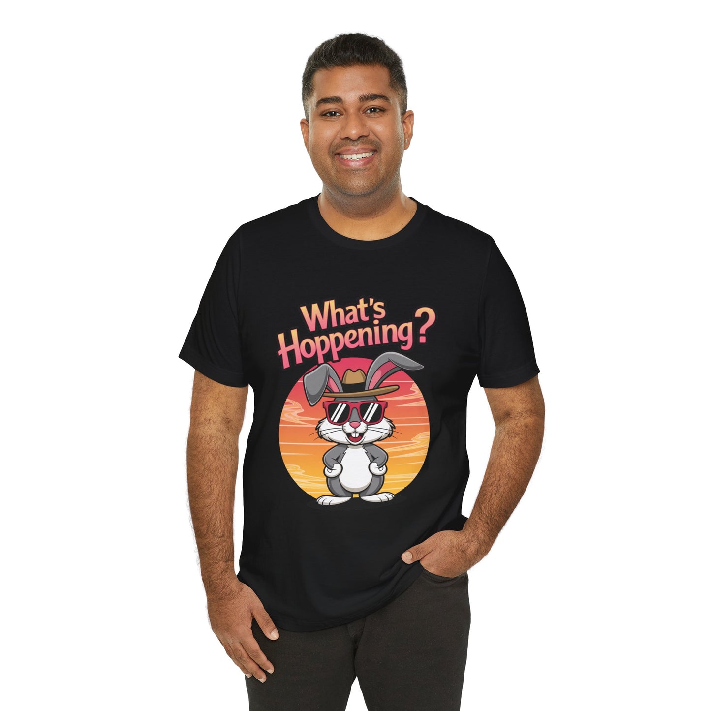 What’s Hoppening Funny Bunny Shirt – Cute Rabbit Pun T-Shirt – Sunset Graphic Tee for Animal Lovers, Easter, and Pun Enthusiasts