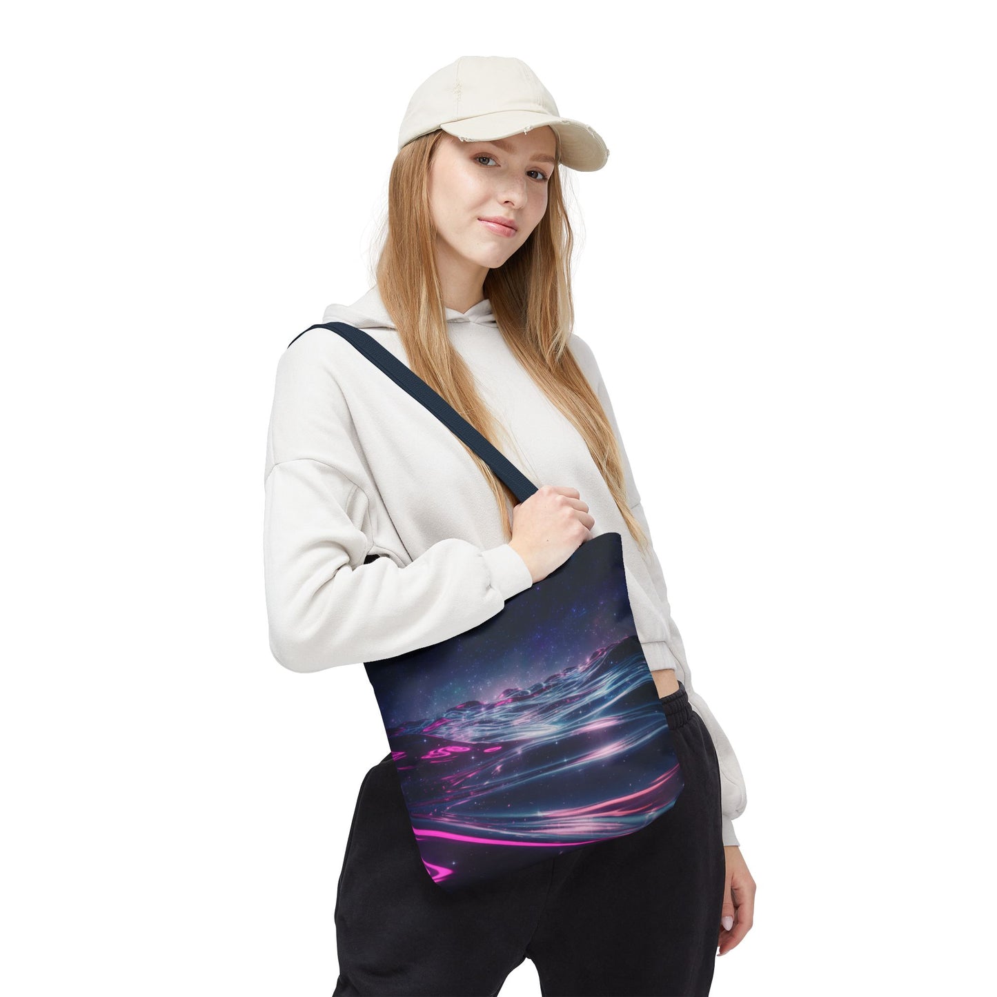 Neon Wave Horizon Tote Bag, Futuristic Ocean Design With Pink And Blue Light, Sci-Fi Aesthetic Reusable Tote For Travel, Gifts, And Everyday Use