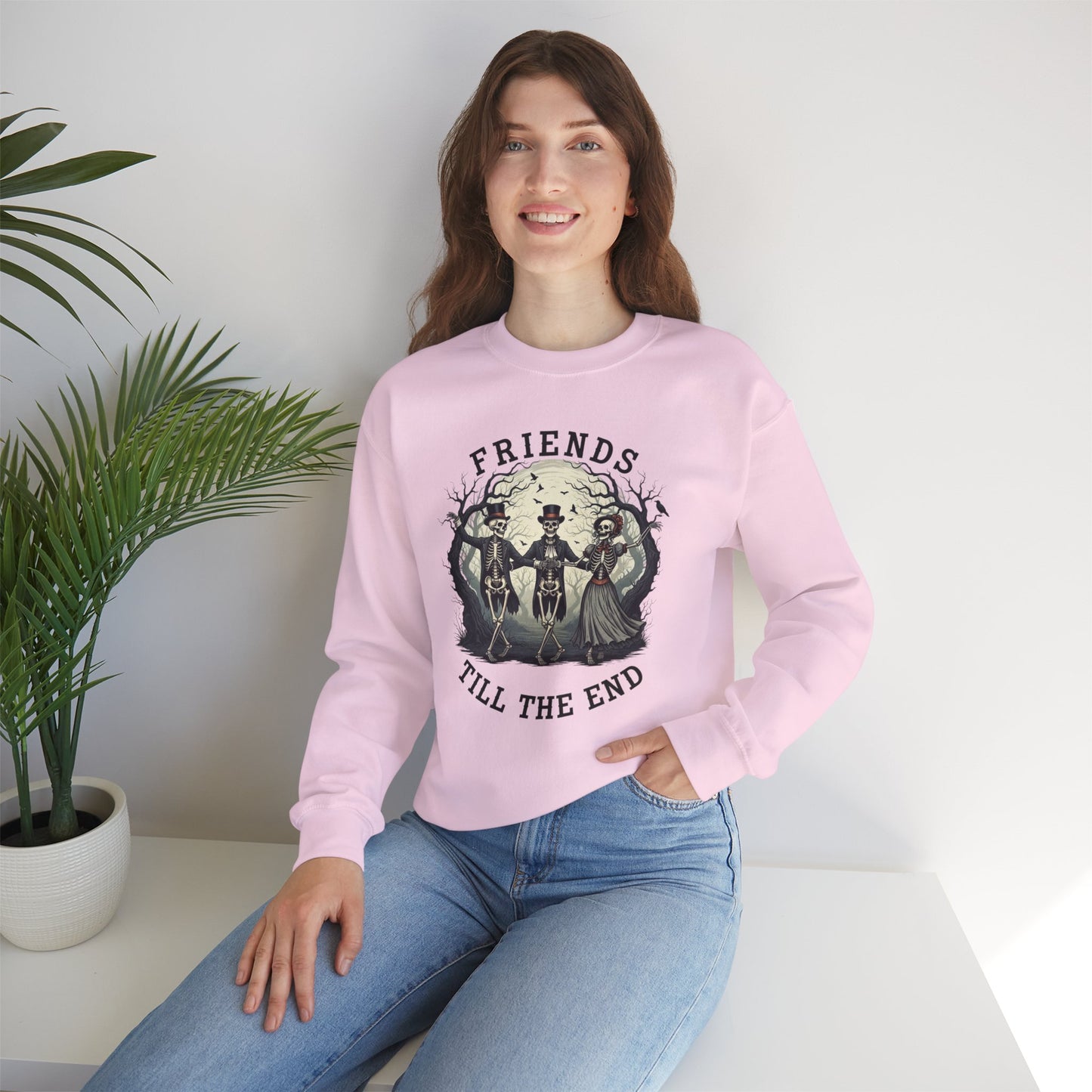 Friends Till The End Skeleton Sweatshirt | Dancing Skeletons Halloween Crewneck | Spooky Fall Graphic Pullover Gift for Bestie