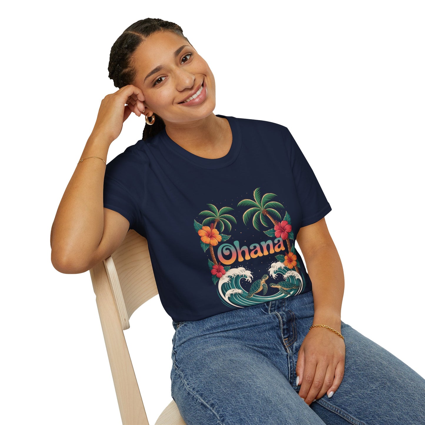 Ohana Shirt - Retro Hawaiian Sea Turtle & Palm Tree Graphic Tee - Tropical Beach Family Gift, Summer Vacation Aesthetic T-Shirt