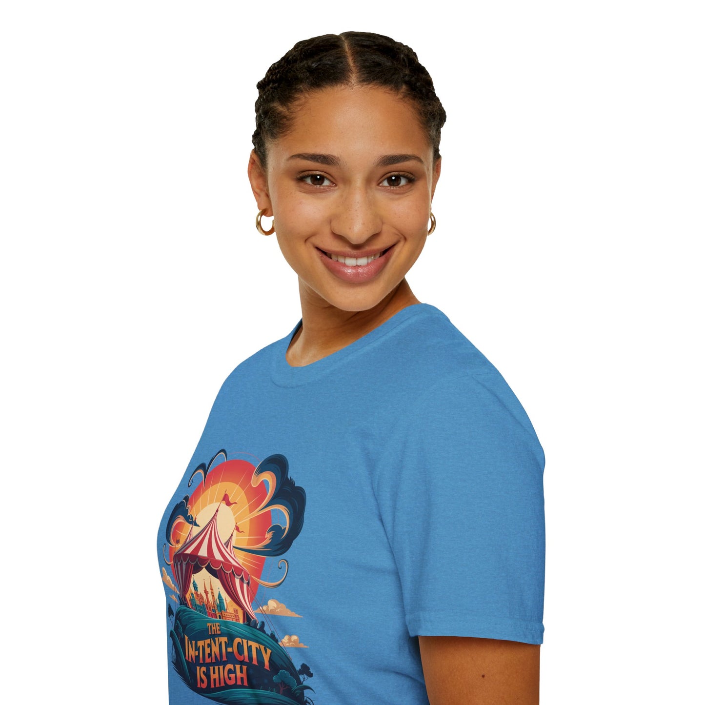 In-Tent-City Is High Retro Camp T-Shirt | Vintage Circus Tent + Cityscape Graphic | Funny Outdoors Urban Adventure Tee | Unisex Camper Shirt