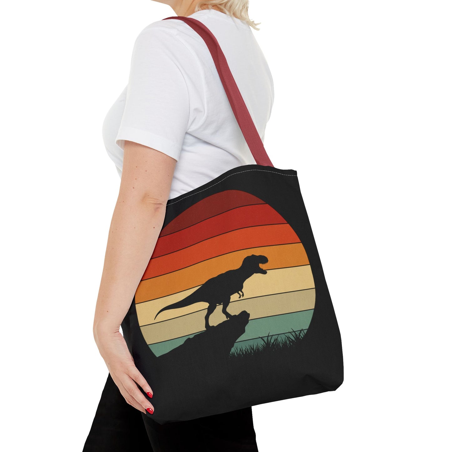 Retro Dinosaur Sunset Tote Bag | AOP Canvas Shopper - Eco Beach Bag for Dino Lovers and Kids, All-Over Print Summer Travel Gift