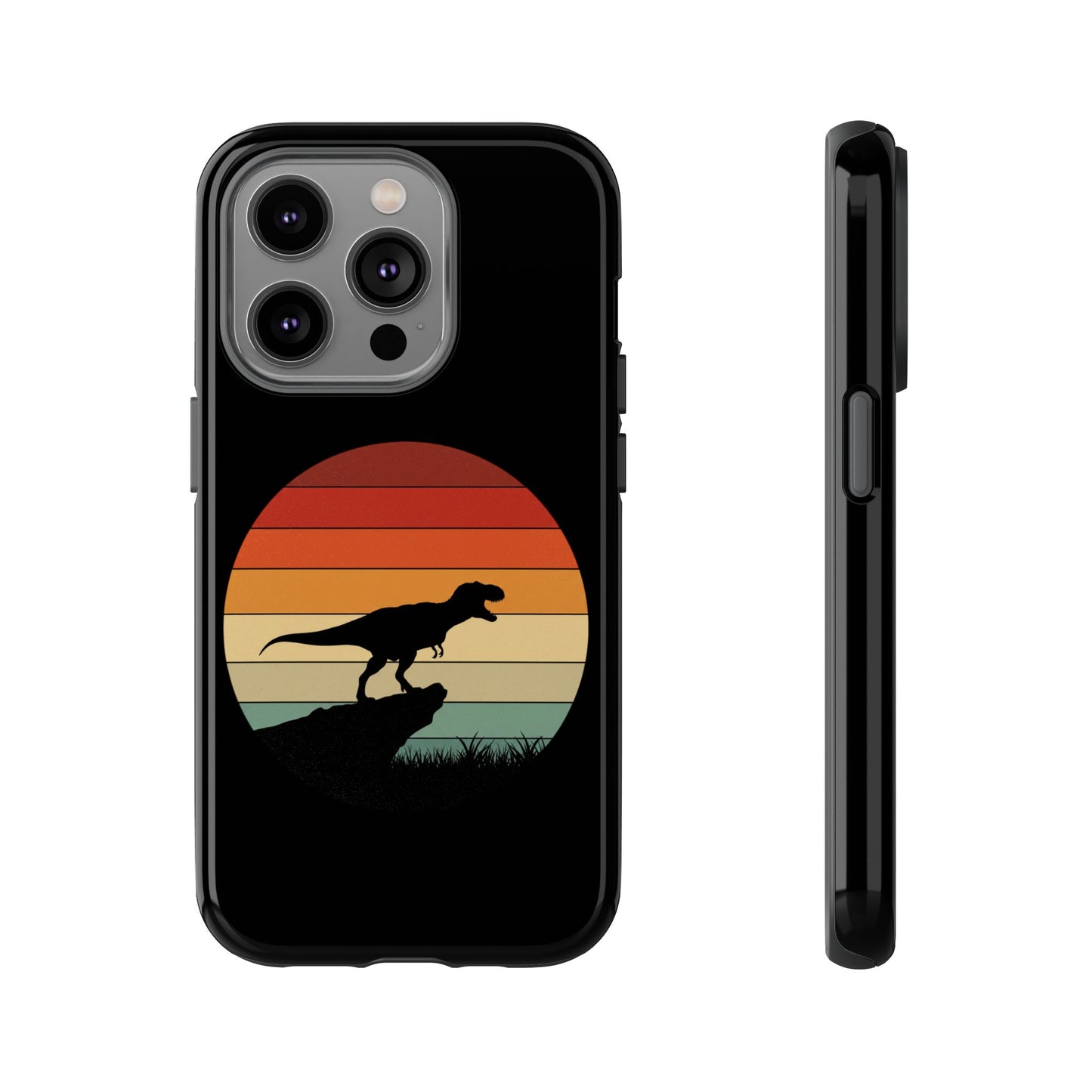 Retro Sunset Dinosaur iPhone Case | T‑Rex Silhouette Vintage Phone Cover for iPhone 14/15/16 Pro | Aesthetic Dinosaur Gift