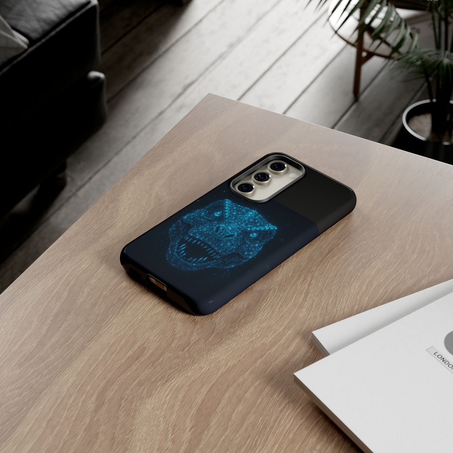 Bioluminescent T-Rex Samsung Case - Galaxy Tough Dual-Layer Cover, Cosmic Dino Particle Design, S25 S24 S23 Gift
