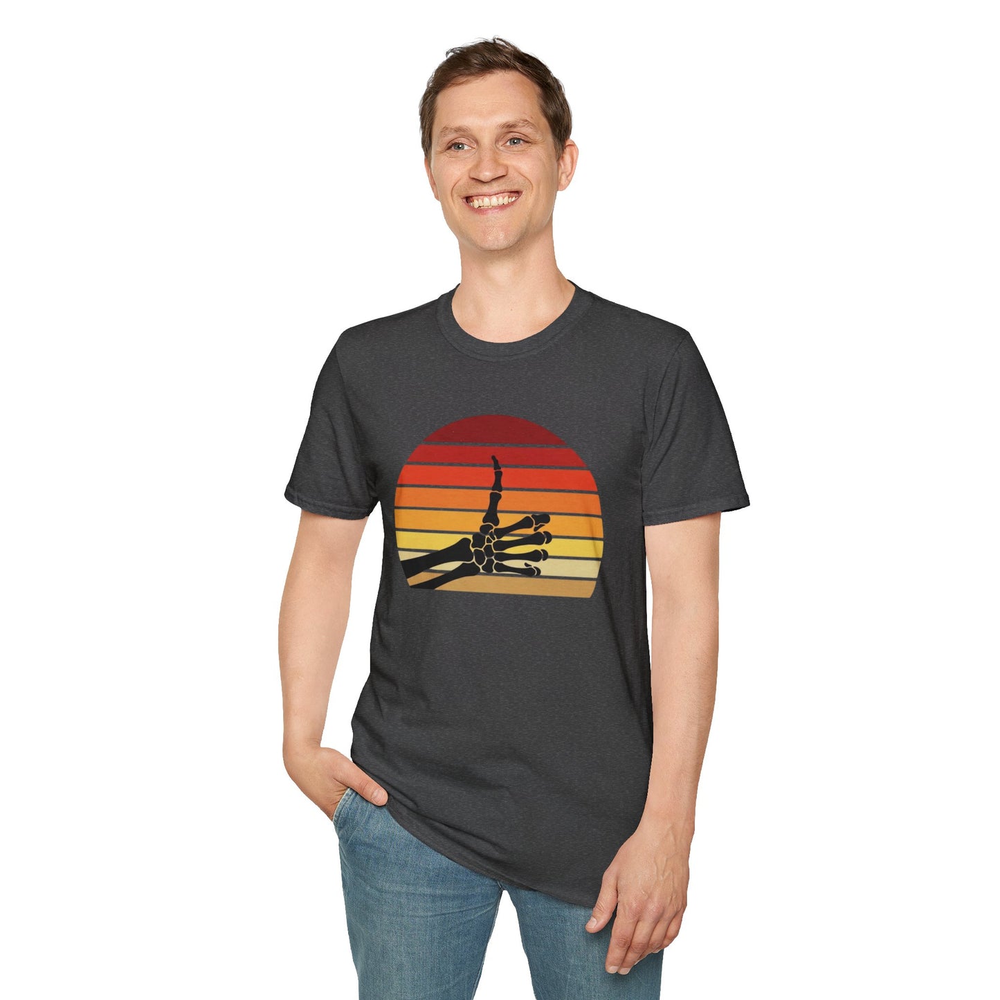 Skeleton Hand Rock On Shirt - Retro Sunset Halloween T-Shirt, Spooky Skeleton Finger Tee, Vintage 70s Style Goth Shirt, Unisex Sizes