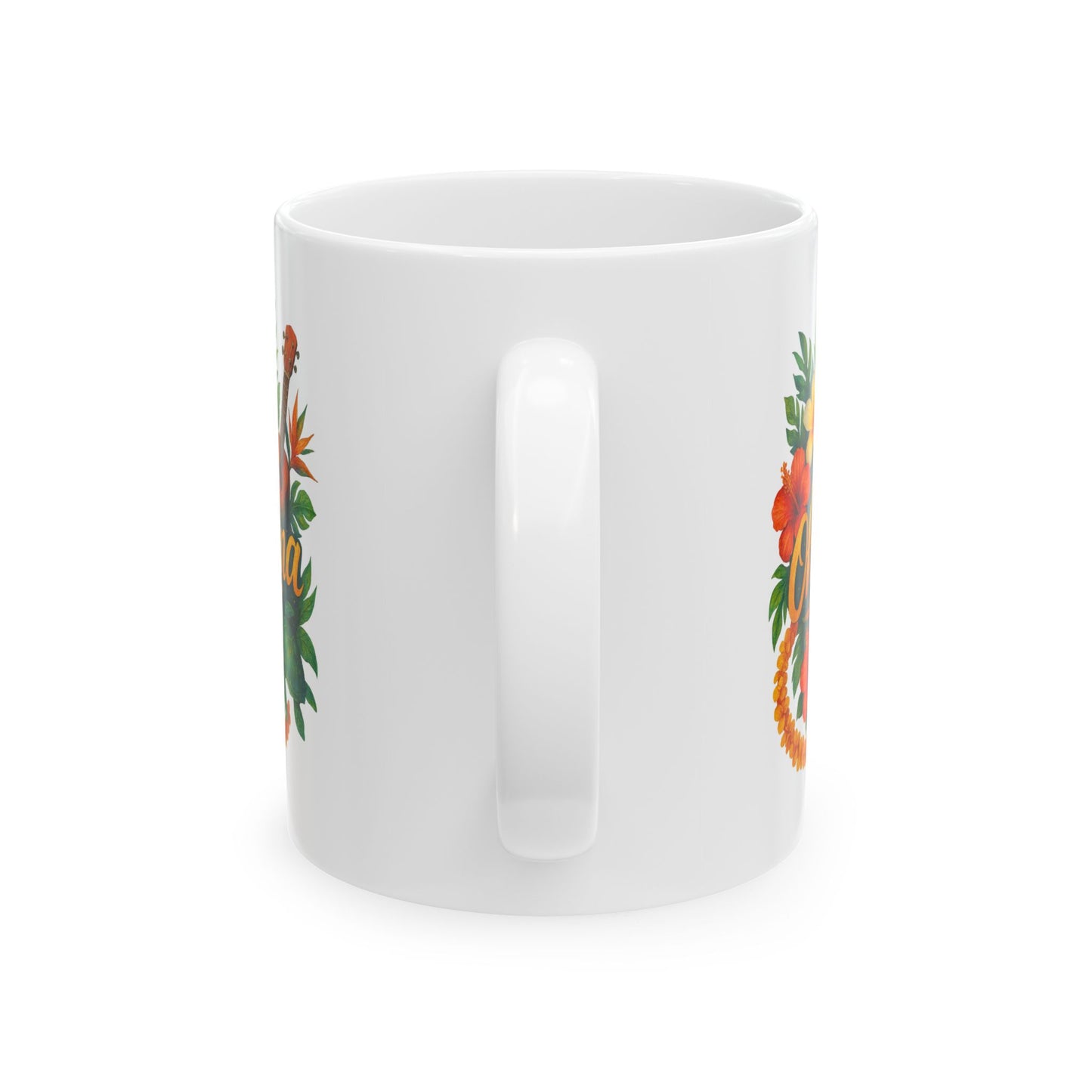 Ohana Hawaiian Mug - Tropical Coffee Cup with Ukulele & Hibiscus Flowers - Island Gift for Family, Friends, or Beach Lovers