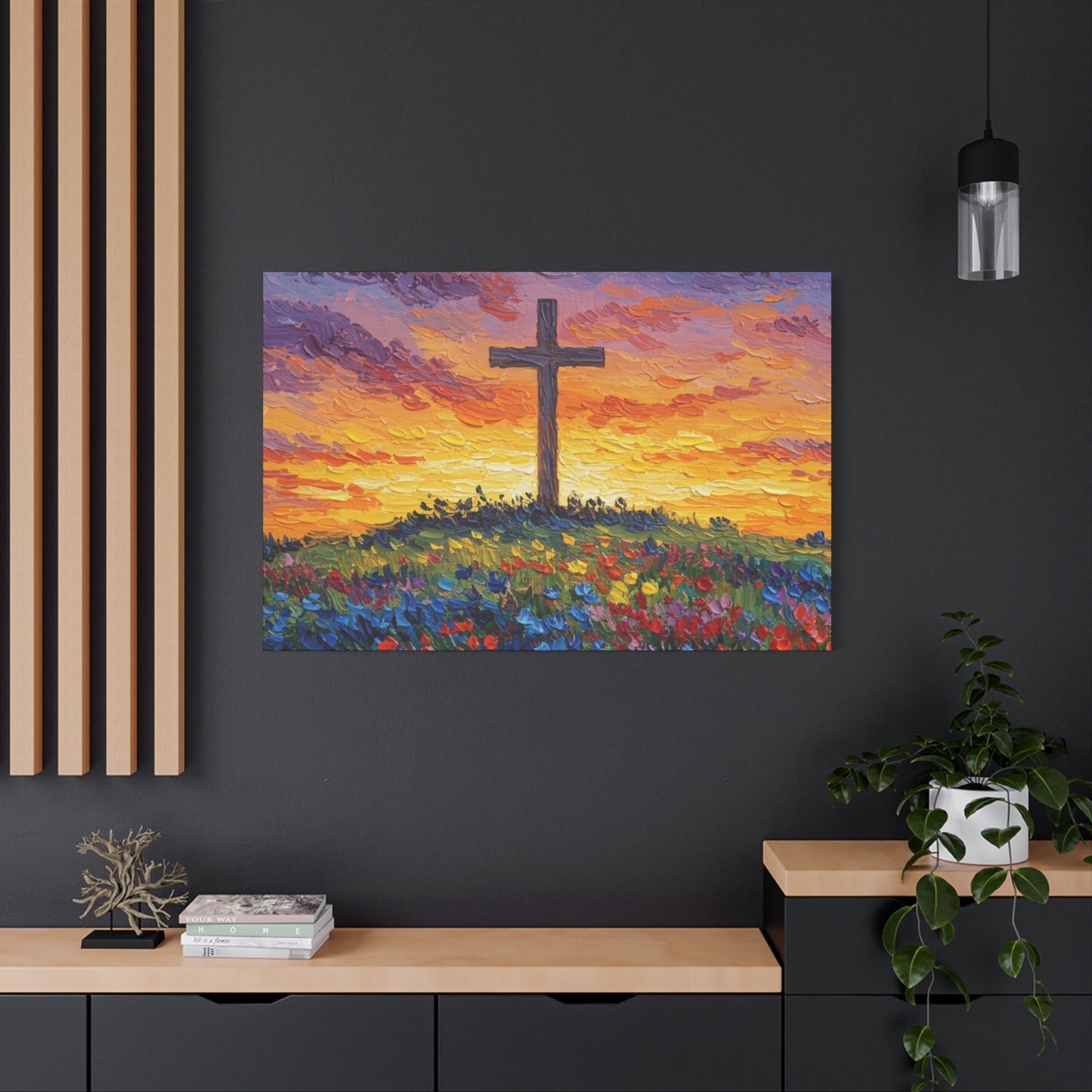 Van Gogh Inspired Inspirational Stretched Canvas Art - Sunset Cross Landscape