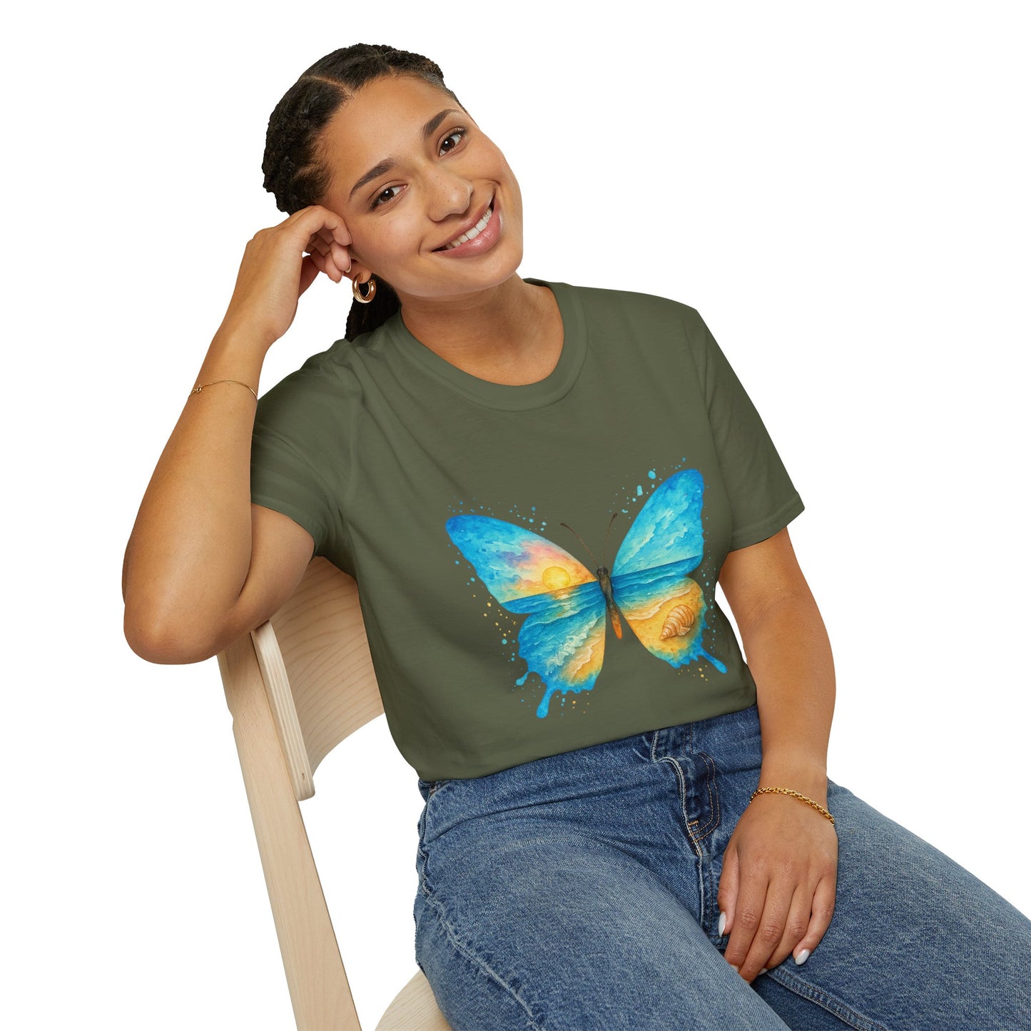 Butterfly Sunset Beach Tee - Scenic Butterfly Graphic Shirt, Nature Lover Gift, Boho Ocean Tee, Unisex Casual T-Shirt