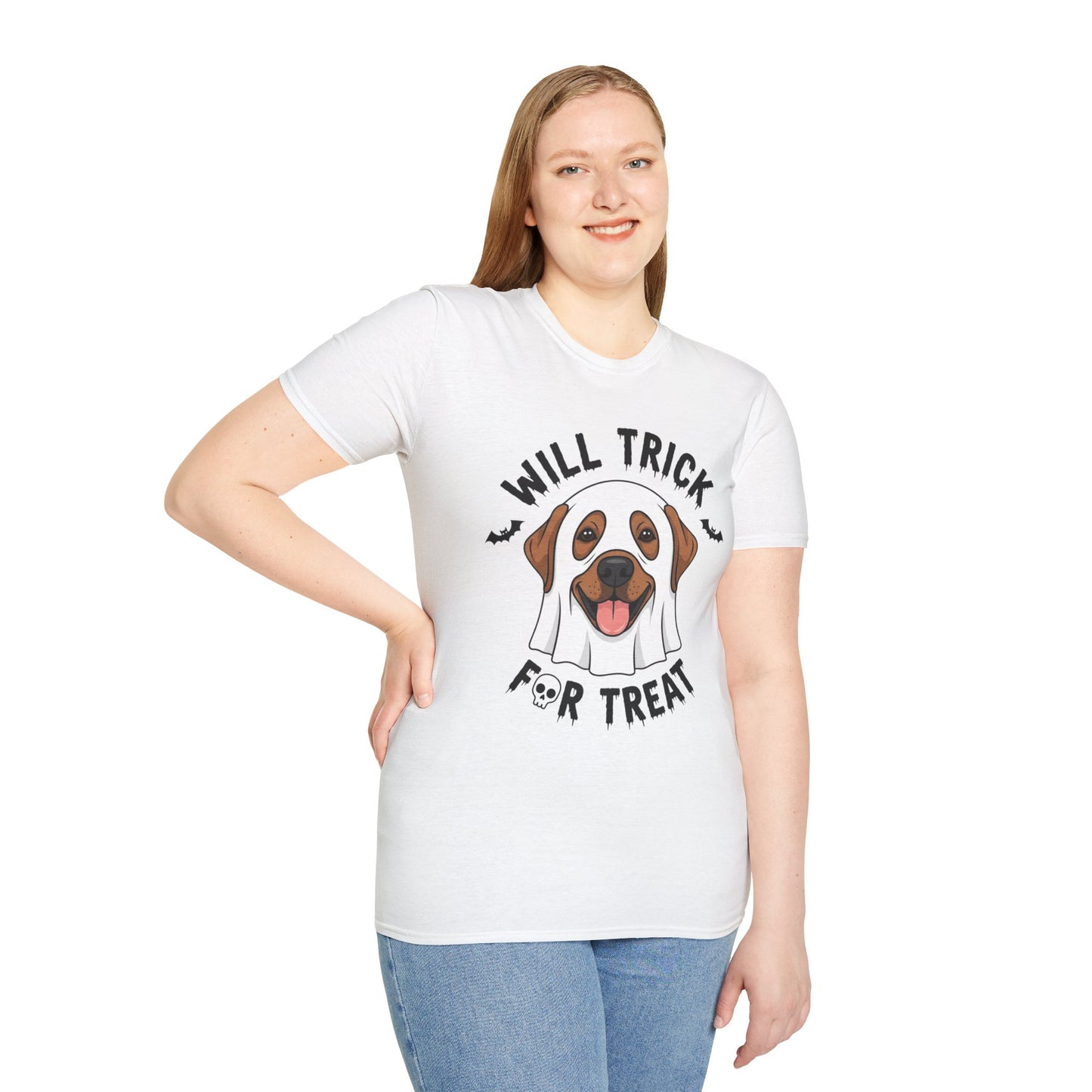Will Trick for Treat Ghost Dog Halloween T-Shirt | Funny Spooky Dog Tee | Trick or Treat Pup Graphic Tee | Cute Fall Gift for Dog Lovers