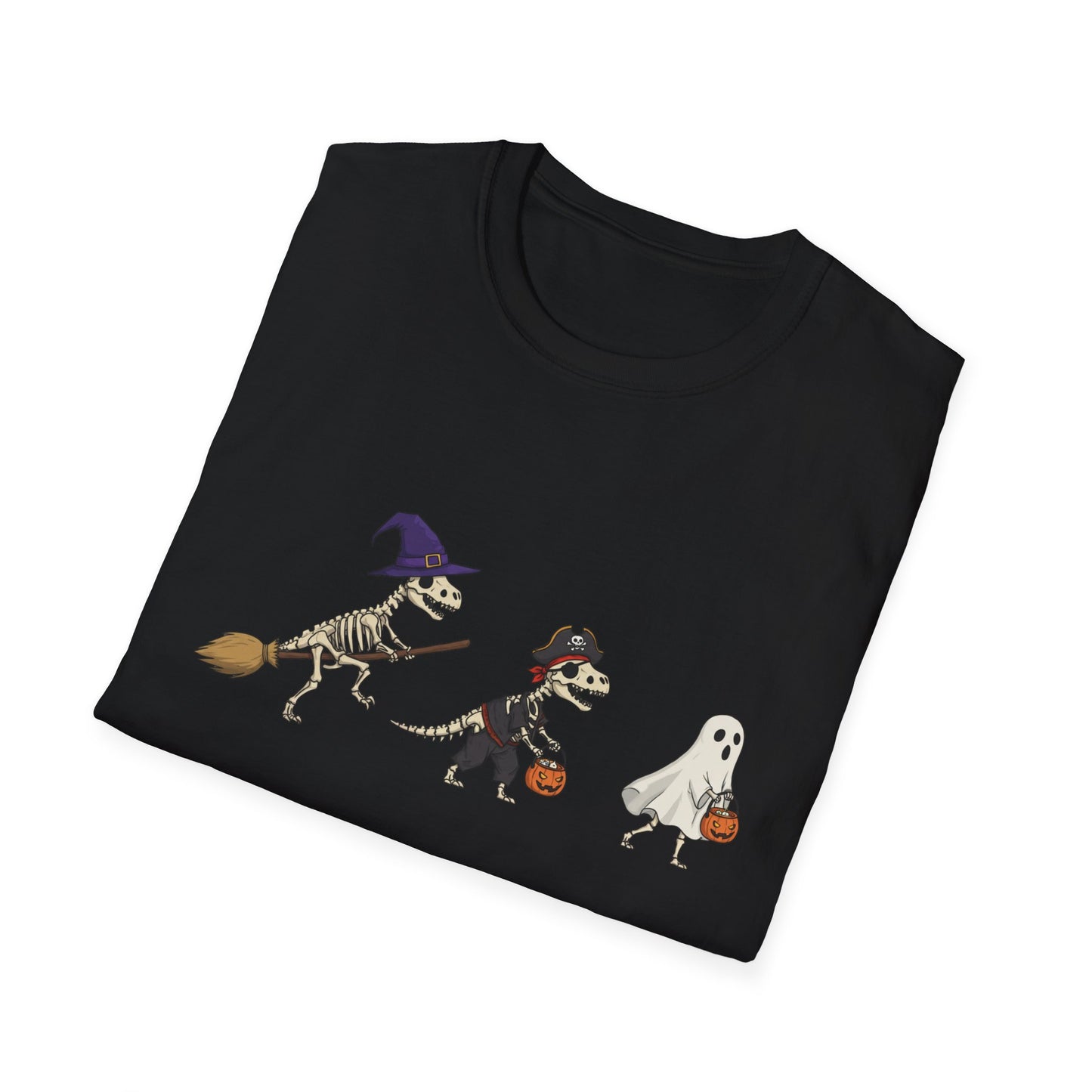 Halloween Dinosaur Skeleton Shirt - Trick-or-Treat Dino Tee, Funny T-Rex Ghost and Witch Costume Shirt, Spooky Cute Skeleton Tee, Unisex