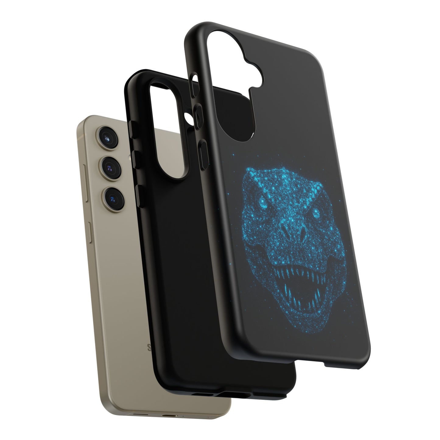 Bioluminescent T-Rex Samsung Case - Galaxy Tough Dual-Layer Cover, Cosmic Dino Particle Design, S25 S24 S23 Gift