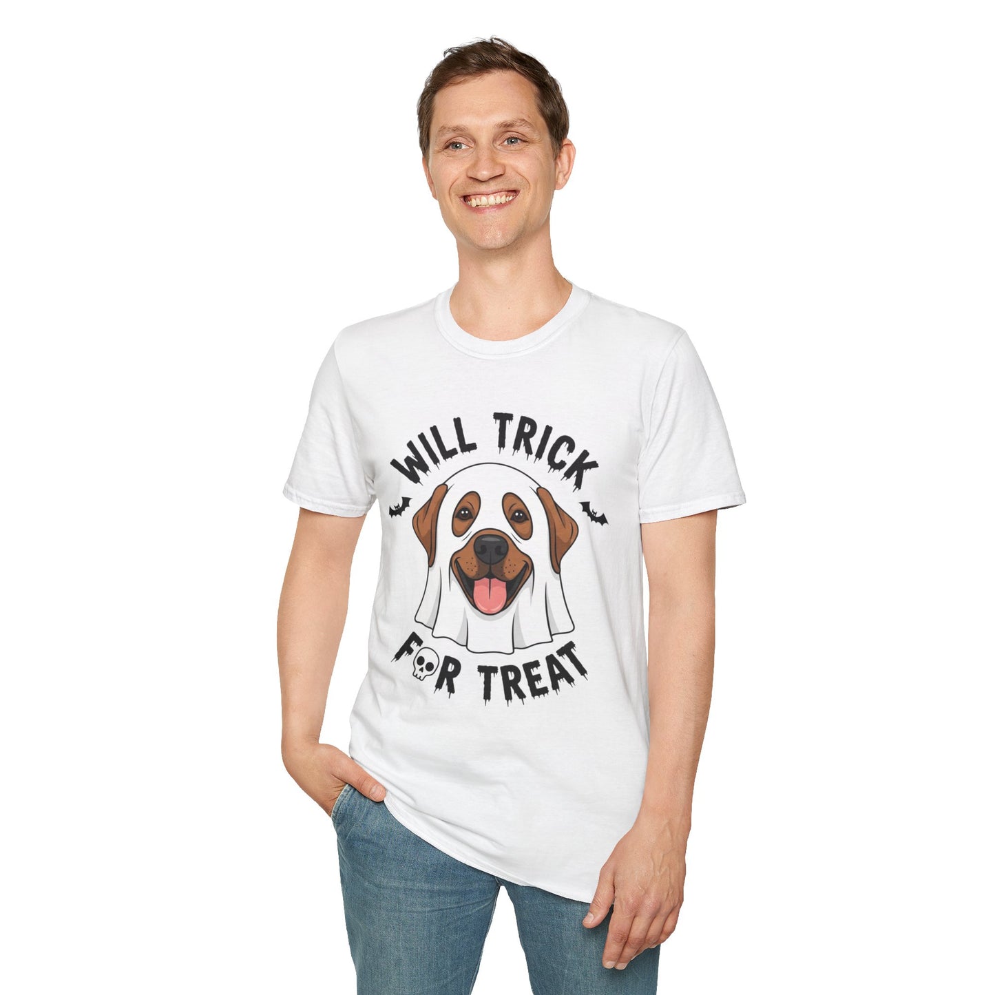 Will Trick for Treat Ghost Dog Halloween T-Shirt | Funny Spooky Dog Tee | Trick or Treat Pup Graphic Tee | Cute Fall Gift for Dog Lovers