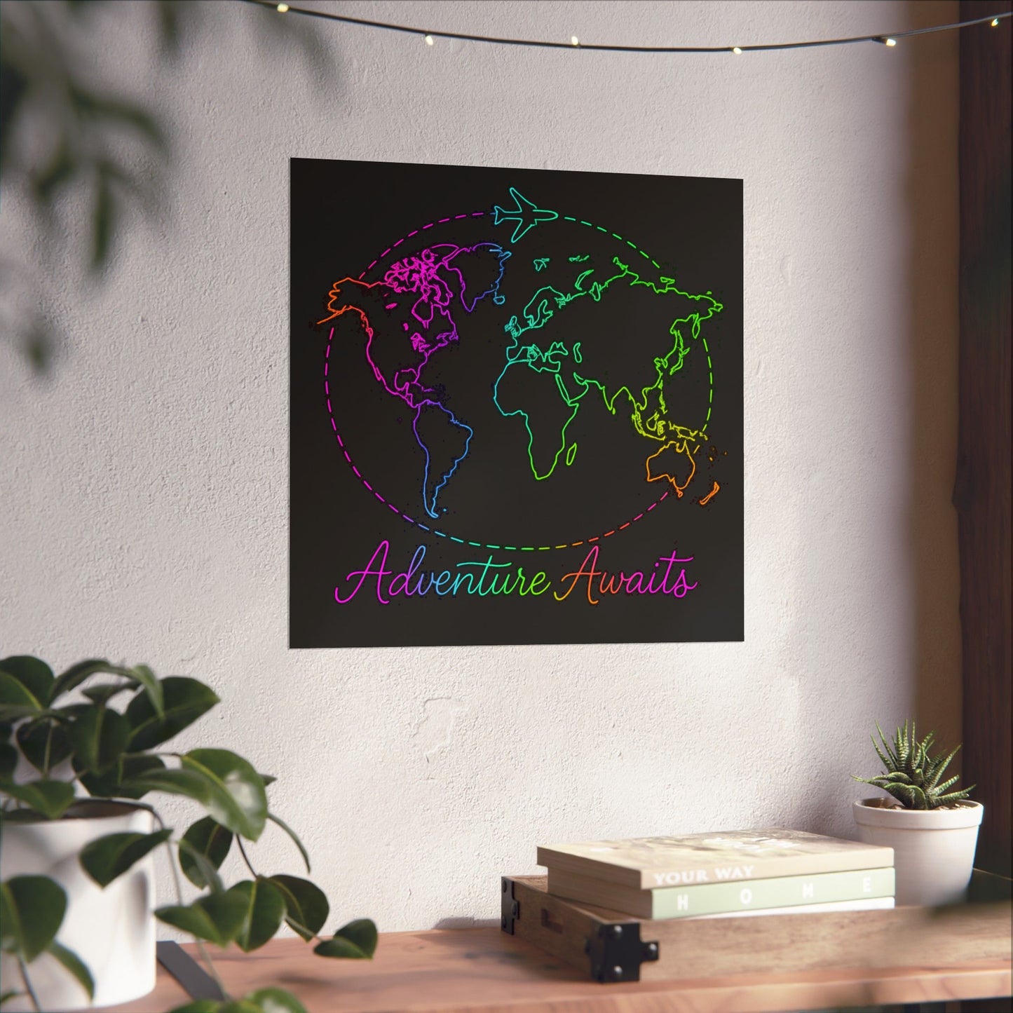 Adventure Awaits Neon Poster - Y2K Rainbow World Map and Plane Wall Art - Travel Aesthetic Decor for Office, Dorm, Bedroom + Gift