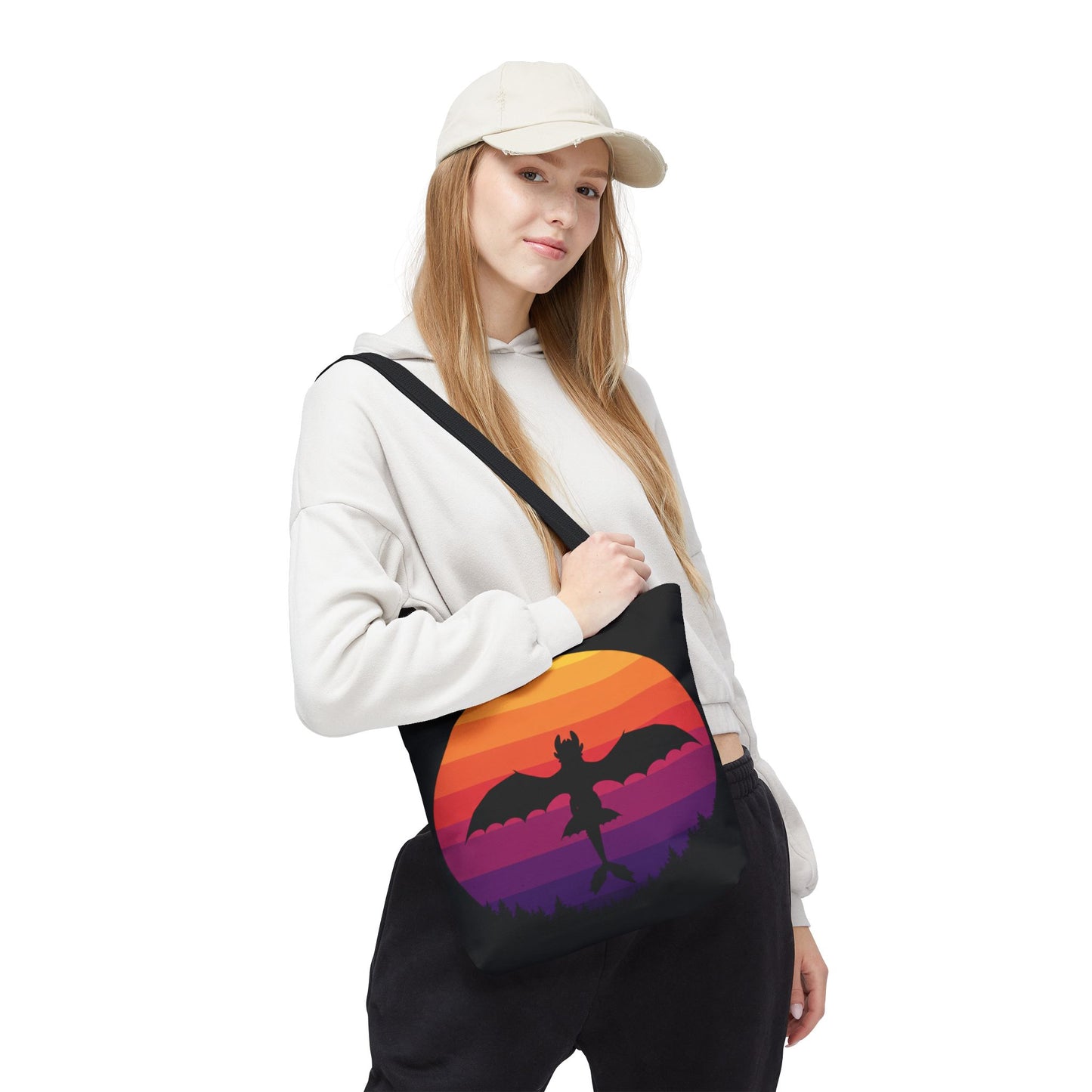 Sunset Dragon Flight Tote Bag, Reusable Eco-Friendly Shoulder Bag With Silhouette Design, Aesthetic Black Tote For Everyday Use And Gifts