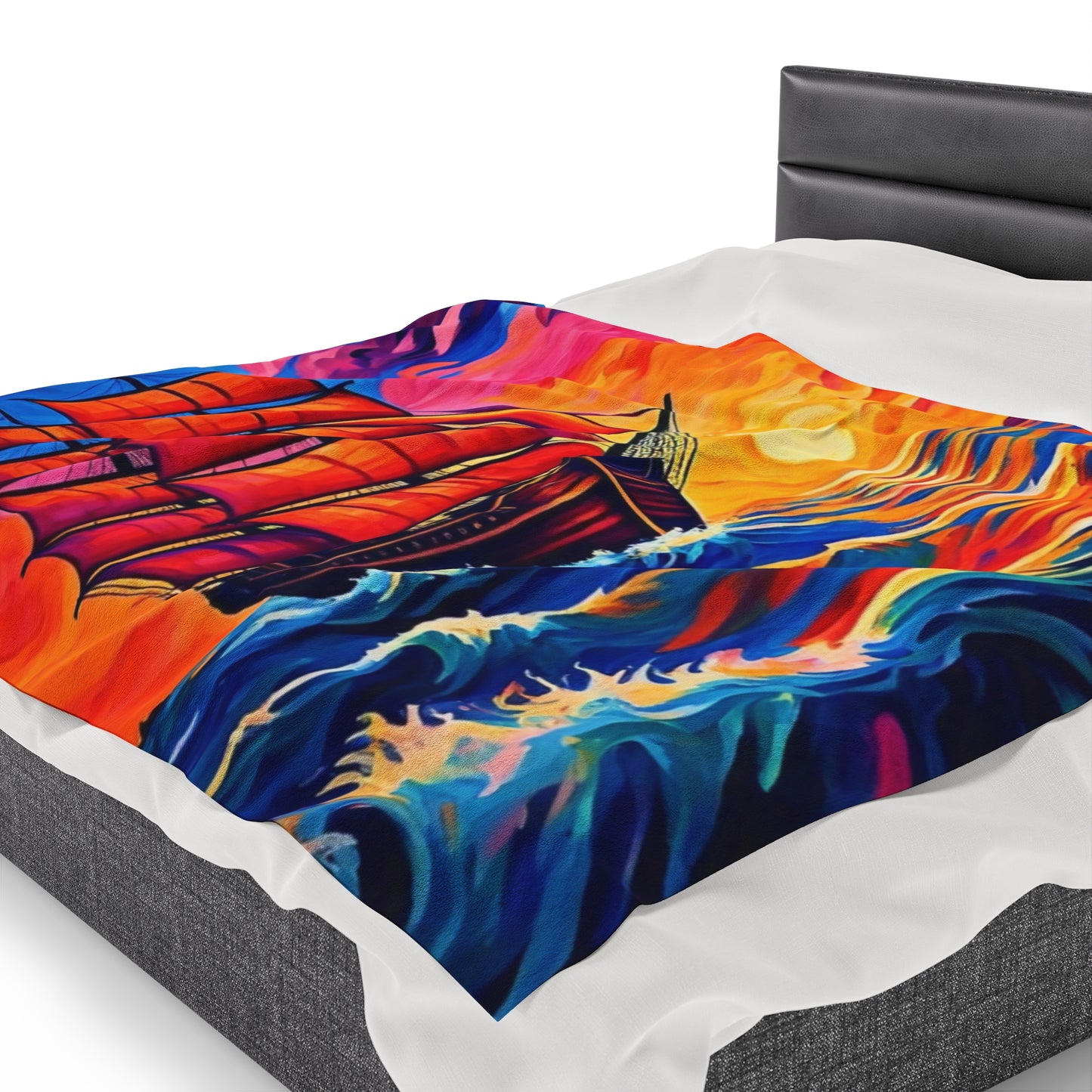 Plush Blanket - Sunset Ship Painting Design