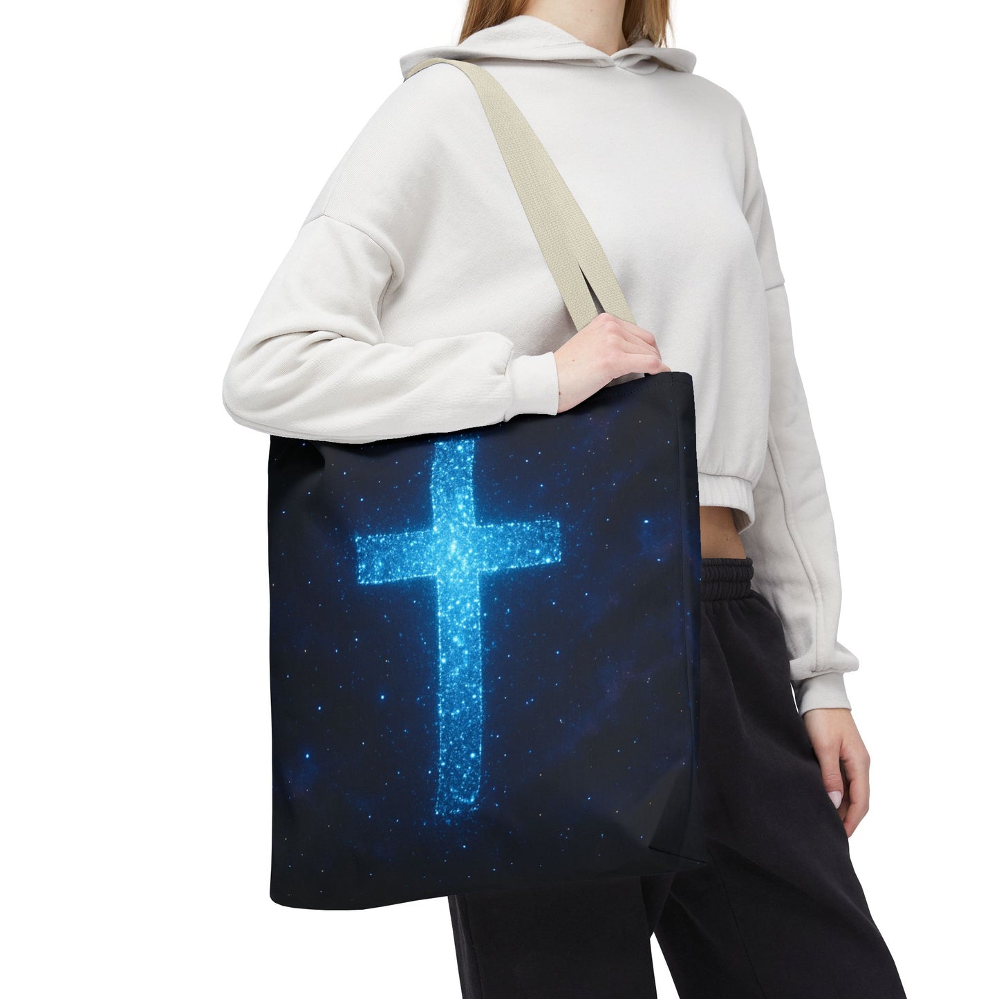 Sparkling Cross Tote Bag - Inspirational Blue Cosmic Bag Christian Tote Spiritual Bag Inspirational Tote Bag