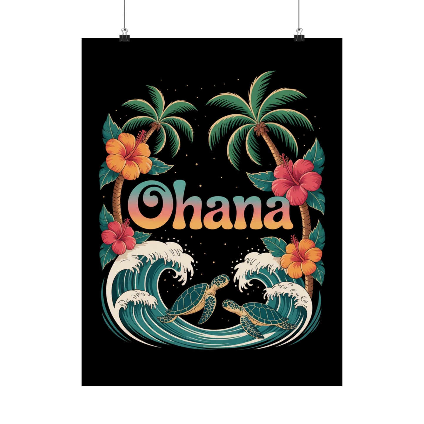 Ohana Hawaiian Wall Art - Tropical Beach Poster with Sea Turtles, Palm Trees & Hibiscus - Island Family Decor for Home or Office