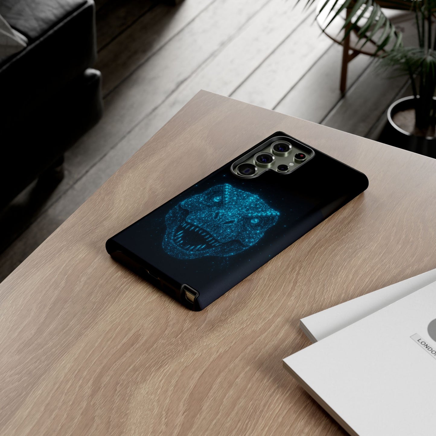 Bioluminescent T-Rex Samsung Case - Galaxy Tough Dual-Layer Cover, Cosmic Dino Particle Design, S25 S24 S23 Gift