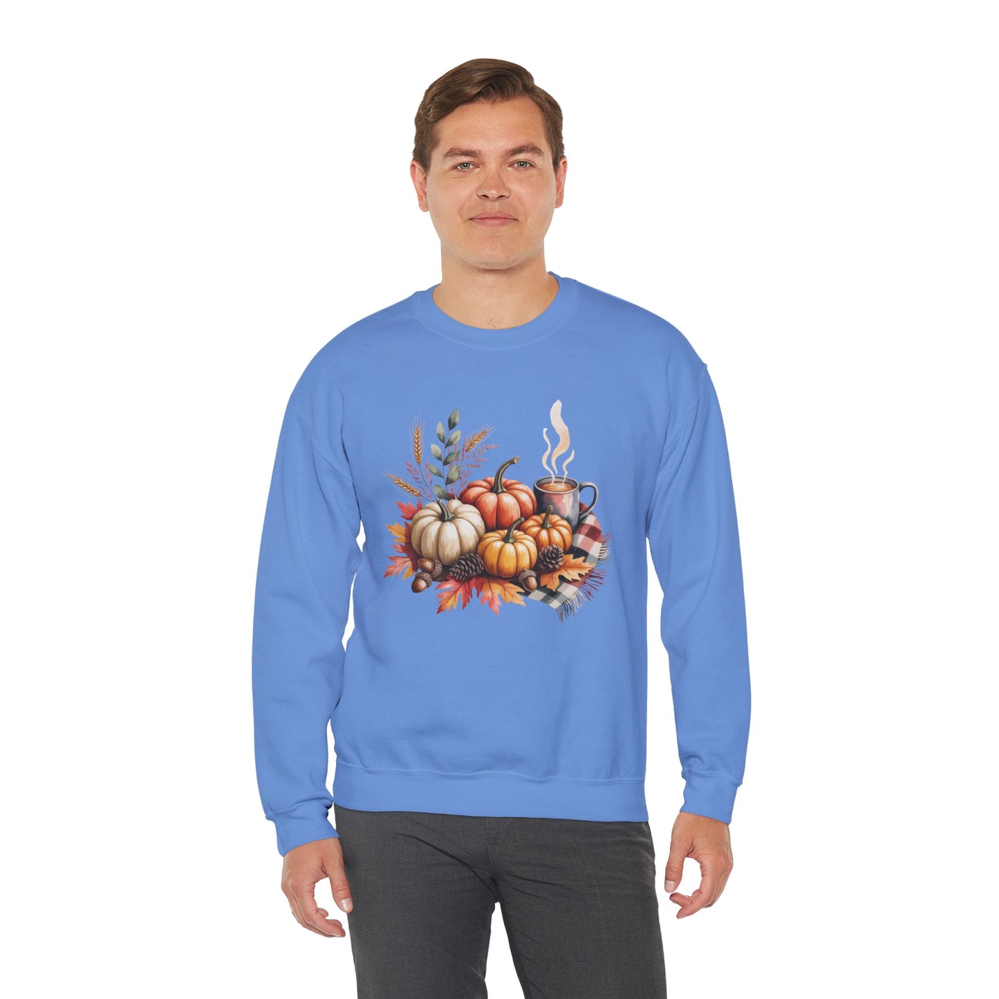 Fall Pumpkin Sweatshirt, Cozy Autumn Crewneck, Thanksgiving Sweater With Pumpkins And Coffee, Fall Leaves Pullover, Seasonal Gift