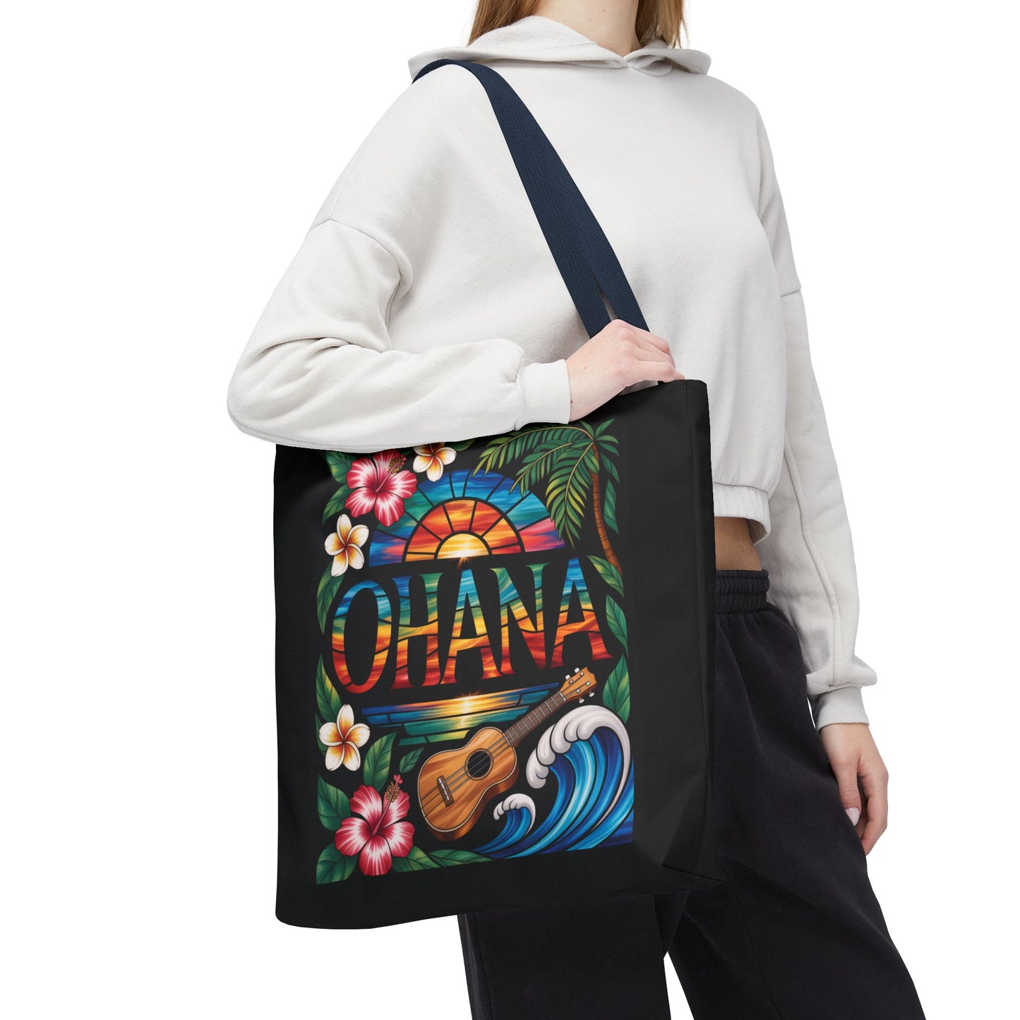 Ohana Tote Bag – Hawaiian Tropical Beach Bag with Ukulele, Sunset & Hibiscus Flowers, Island Gift for Women, Aloha Family Vibes