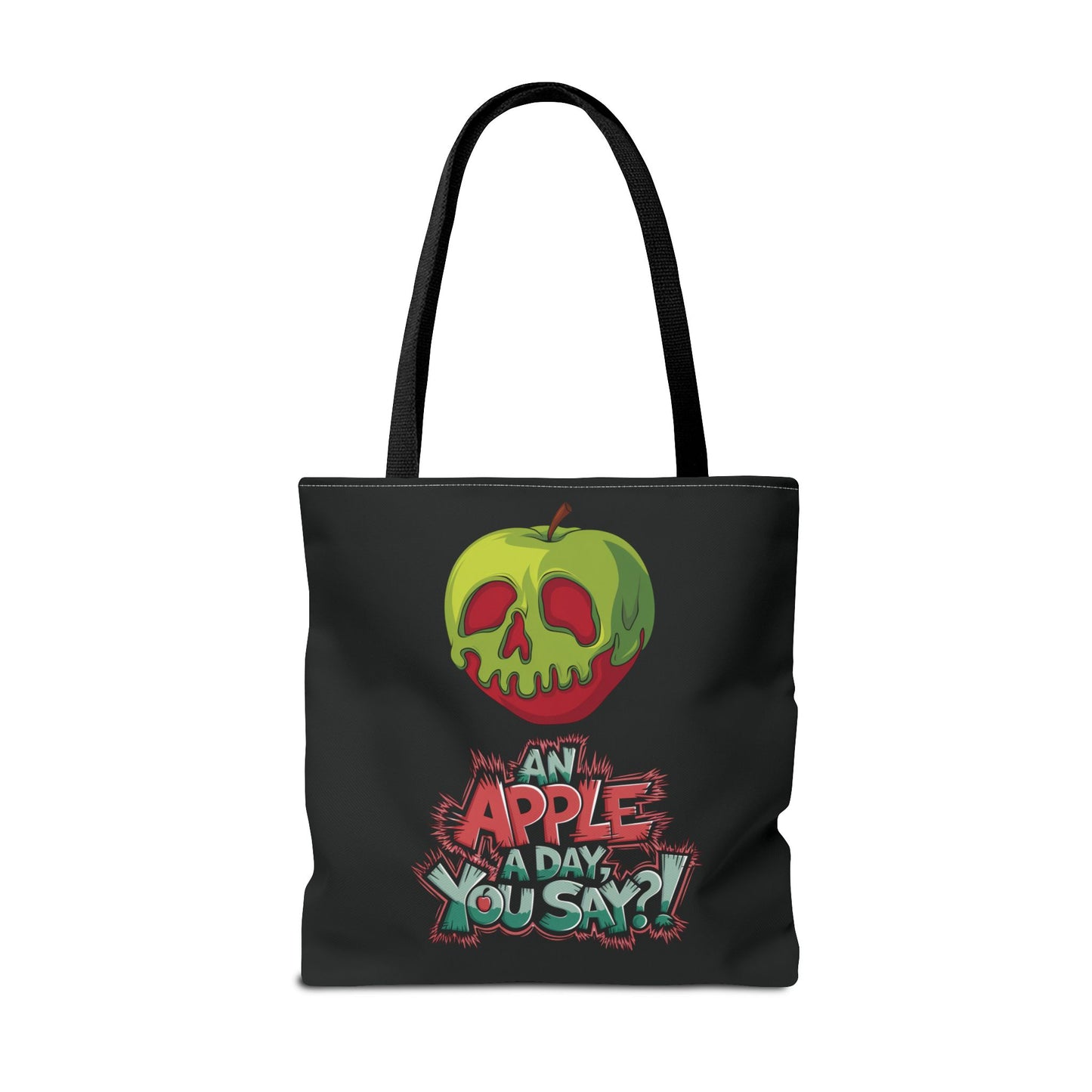 Spooky Halloween Tote Bag – Poison Apple Design – Funny Gothic Tote – Trick or Treat Bag – Creepy Apple Pun Gift – Black Tote Bag