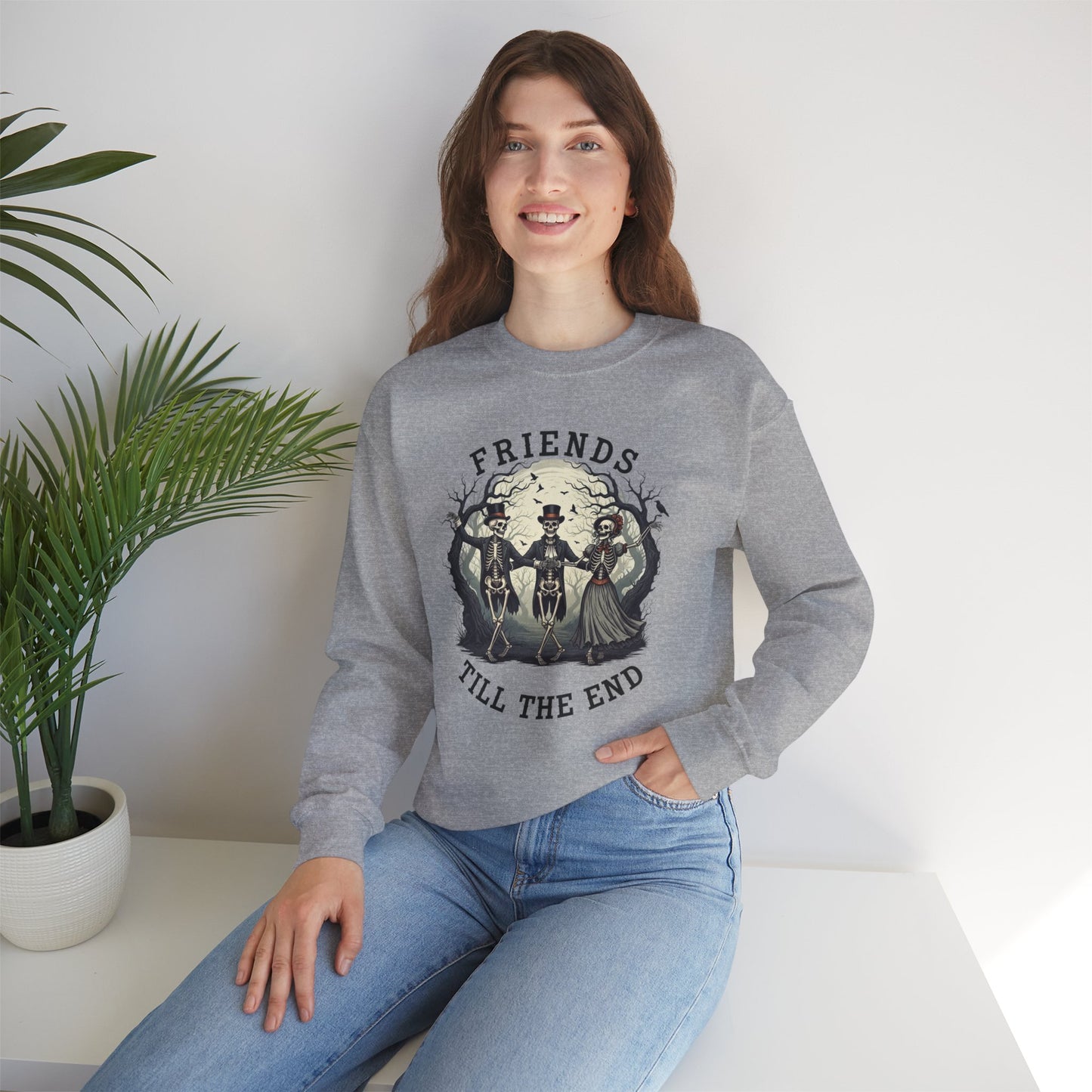 Friends Till The End Skeleton Sweatshirt | Dancing Skeletons Halloween Crewneck | Spooky Fall Graphic Pullover Gift for Bestie