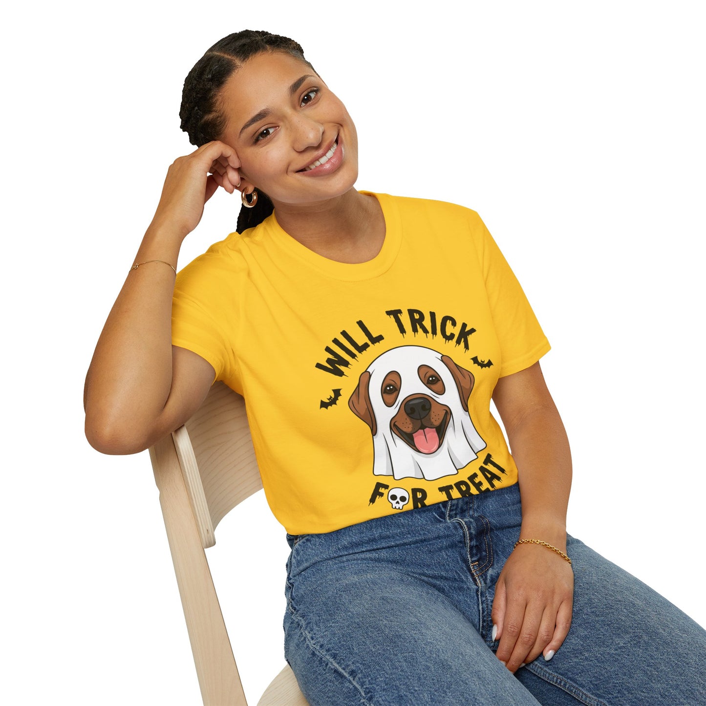 Will Trick for Treat Ghost Dog Halloween T-Shirt | Funny Spooky Dog Tee | Trick or Treat Pup Graphic Tee | Cute Fall Gift for Dog Lovers