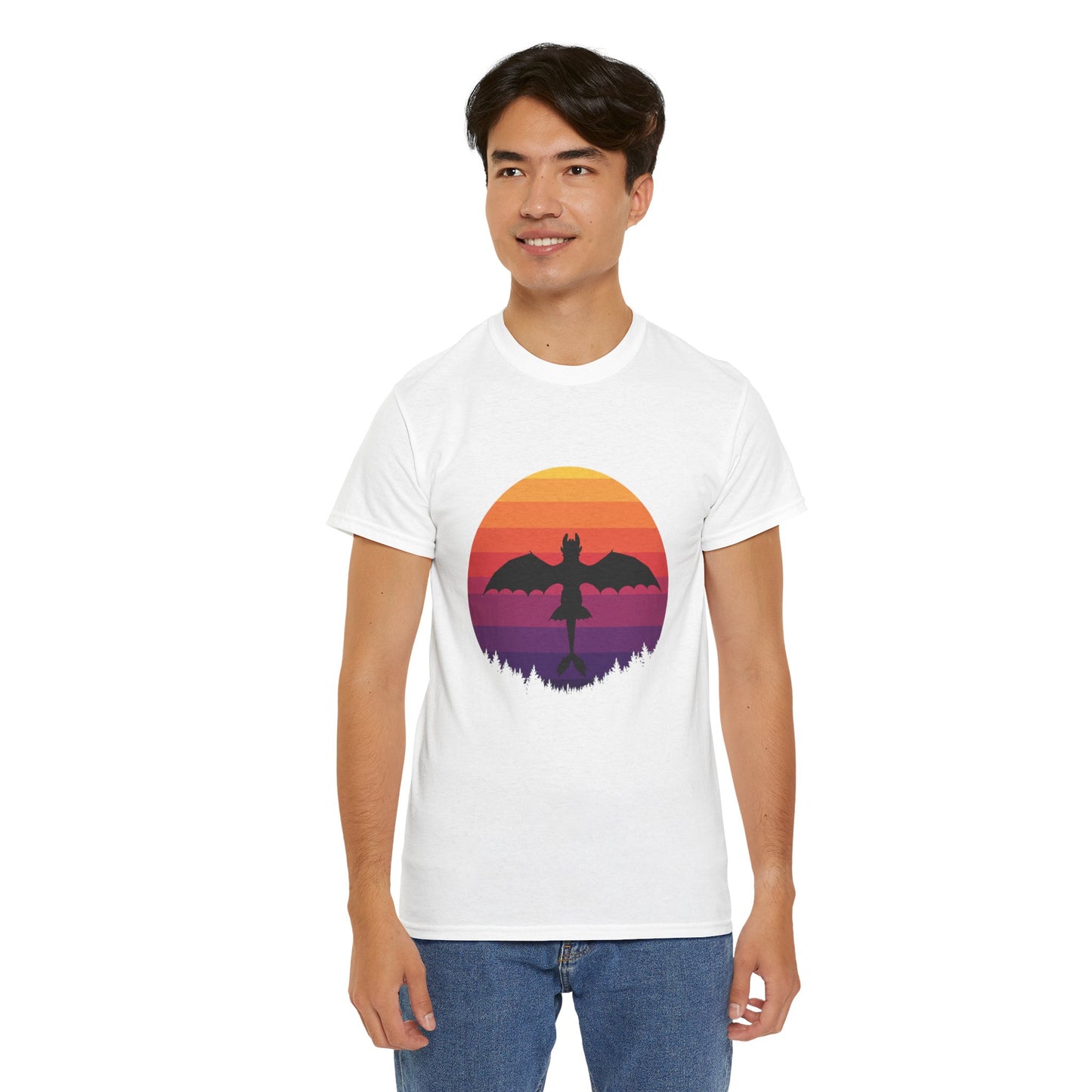 Night Dragon Sunset T-Shirt | Retro Dragon Silhouette Tee | Fantasy Dragon Shirt | Unisex Graphic Tee | Gift for Dragon Lovers