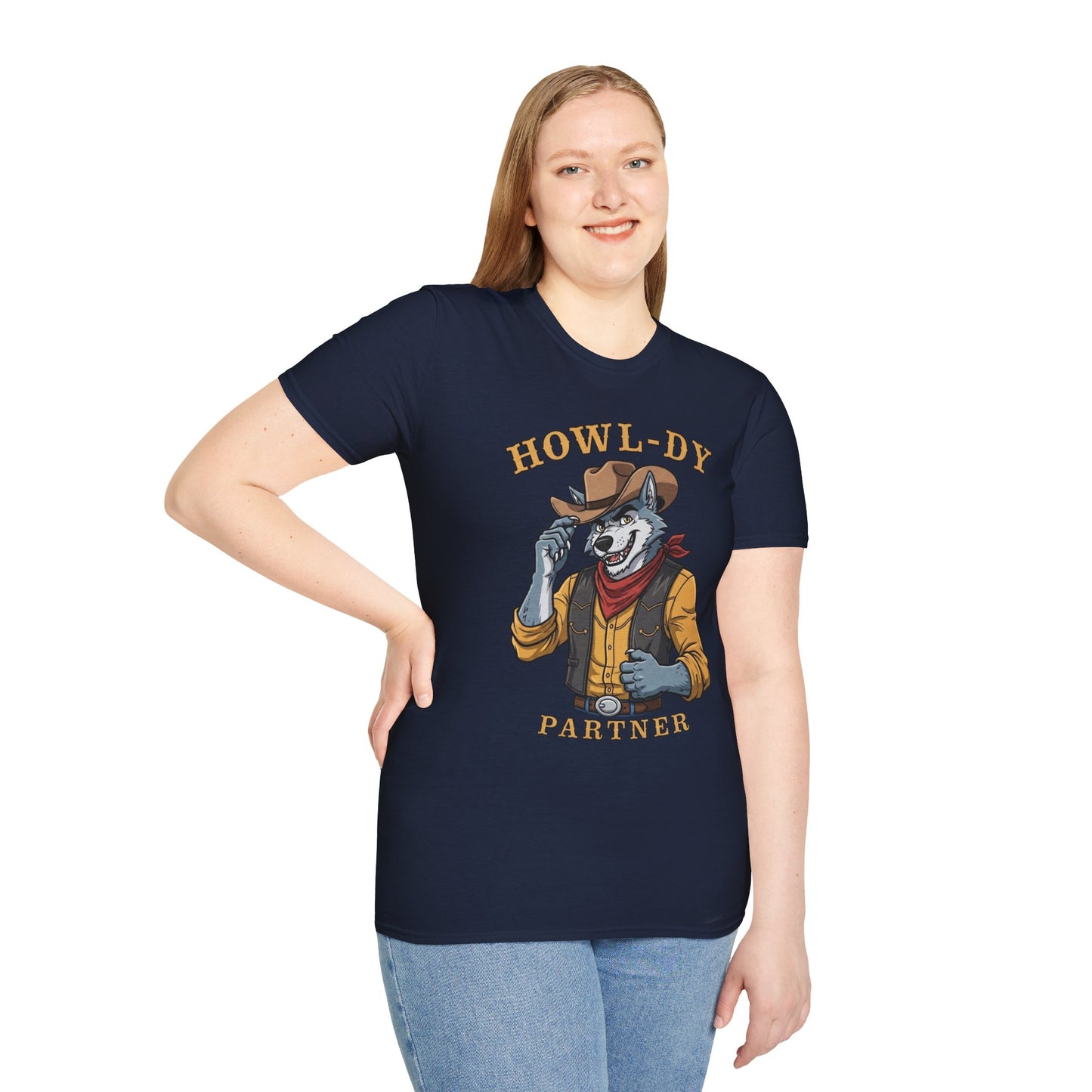 Howl-dy Partner Wolf Cowboy T-Shirt | Western Howling Wolf Graphic Tee, Funny Animal Shirt, Cowboy Gifts, Rustic Country Tee