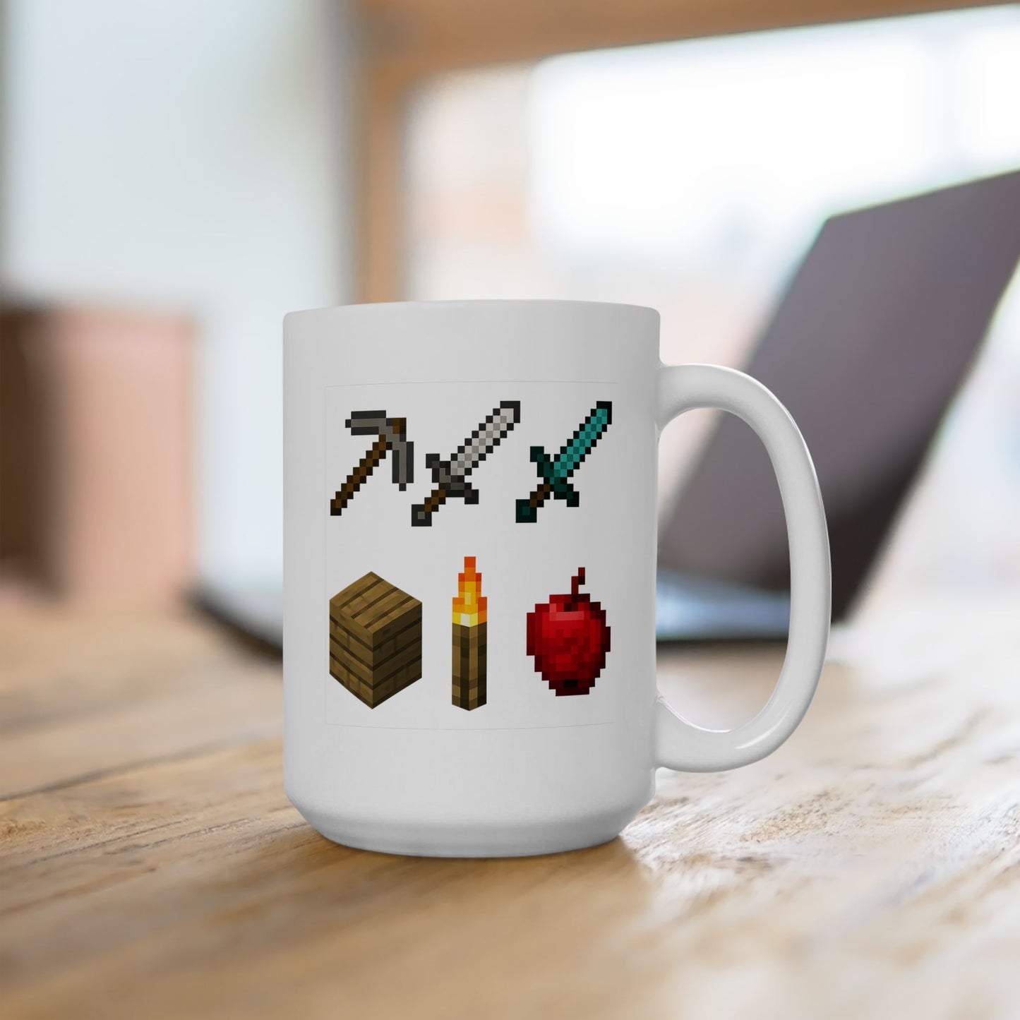 Pixel Survival Gamer Mug – Block Builder Adventure Coffee Cup with 8-Bit Tools, Swords, Torch & Apple | Funny Gaming Gift for Fans