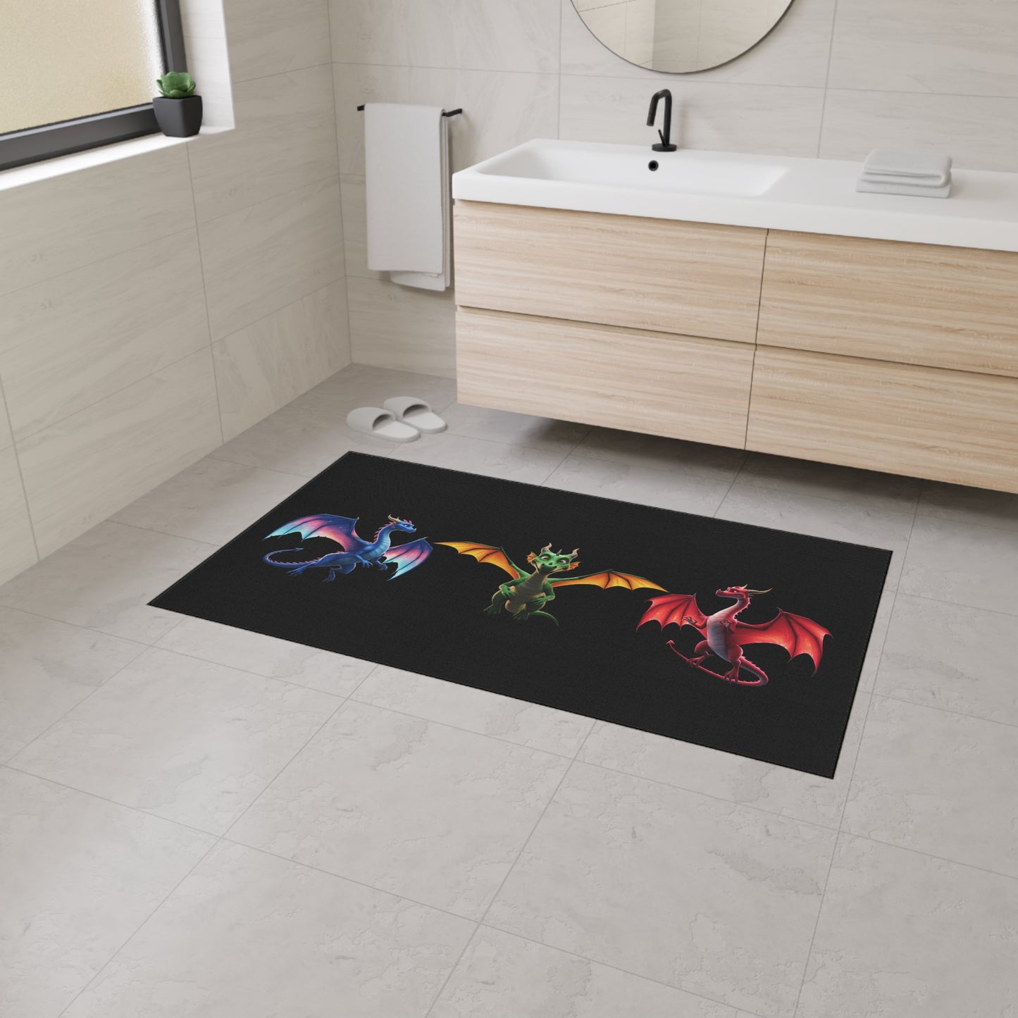 Fantasy Dragon Floor Mat - Non‑Slip Game Room Rug with Blue, Green and Red Dragons, Kids Room Decor, Durable Entrance Welcome Mat