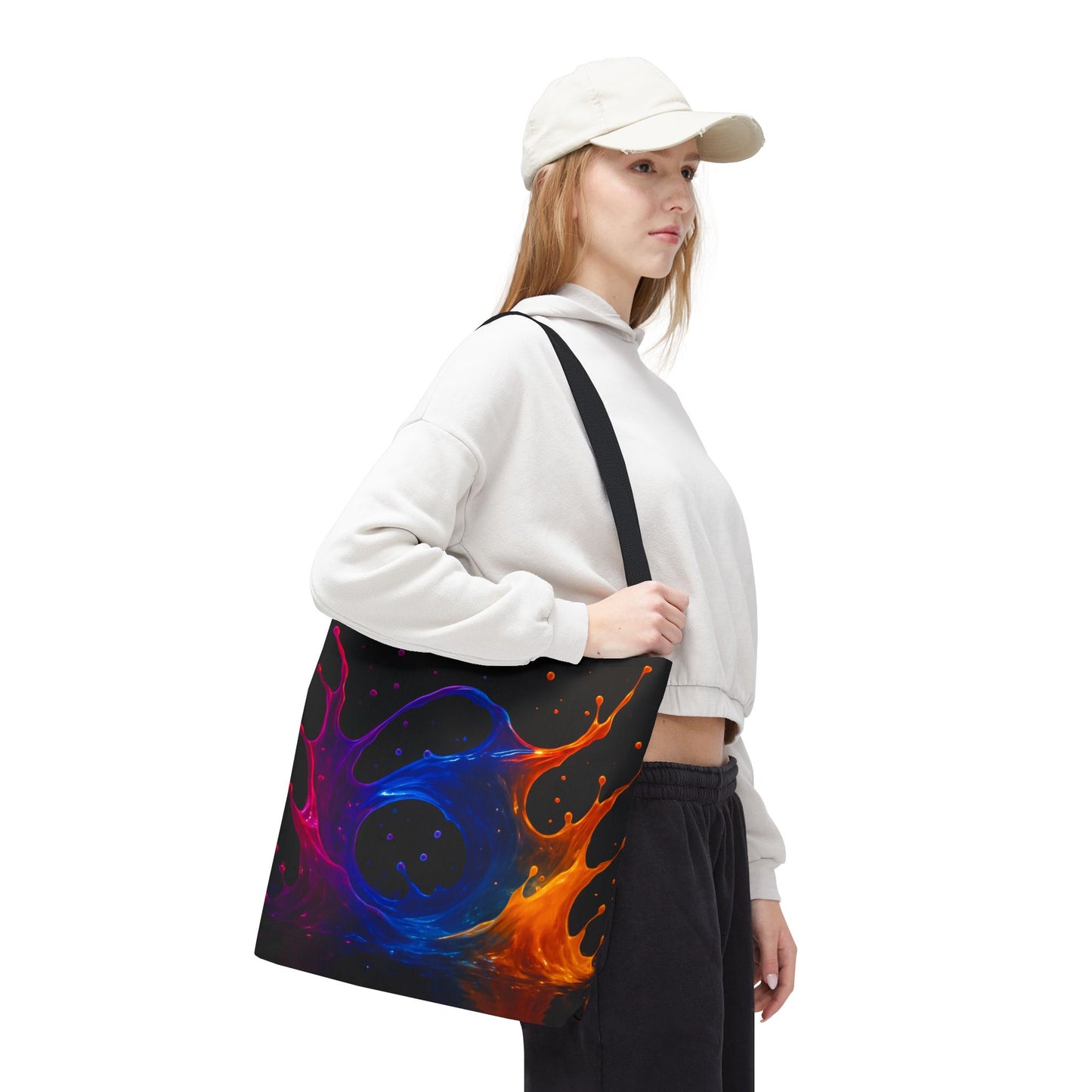 Elemental Fusion Tote Bag, Fire And Water Abstract Art Design, Vibrant Blue And Orange Splash Reusable Tote For Artists, Travel, And Everyday Use