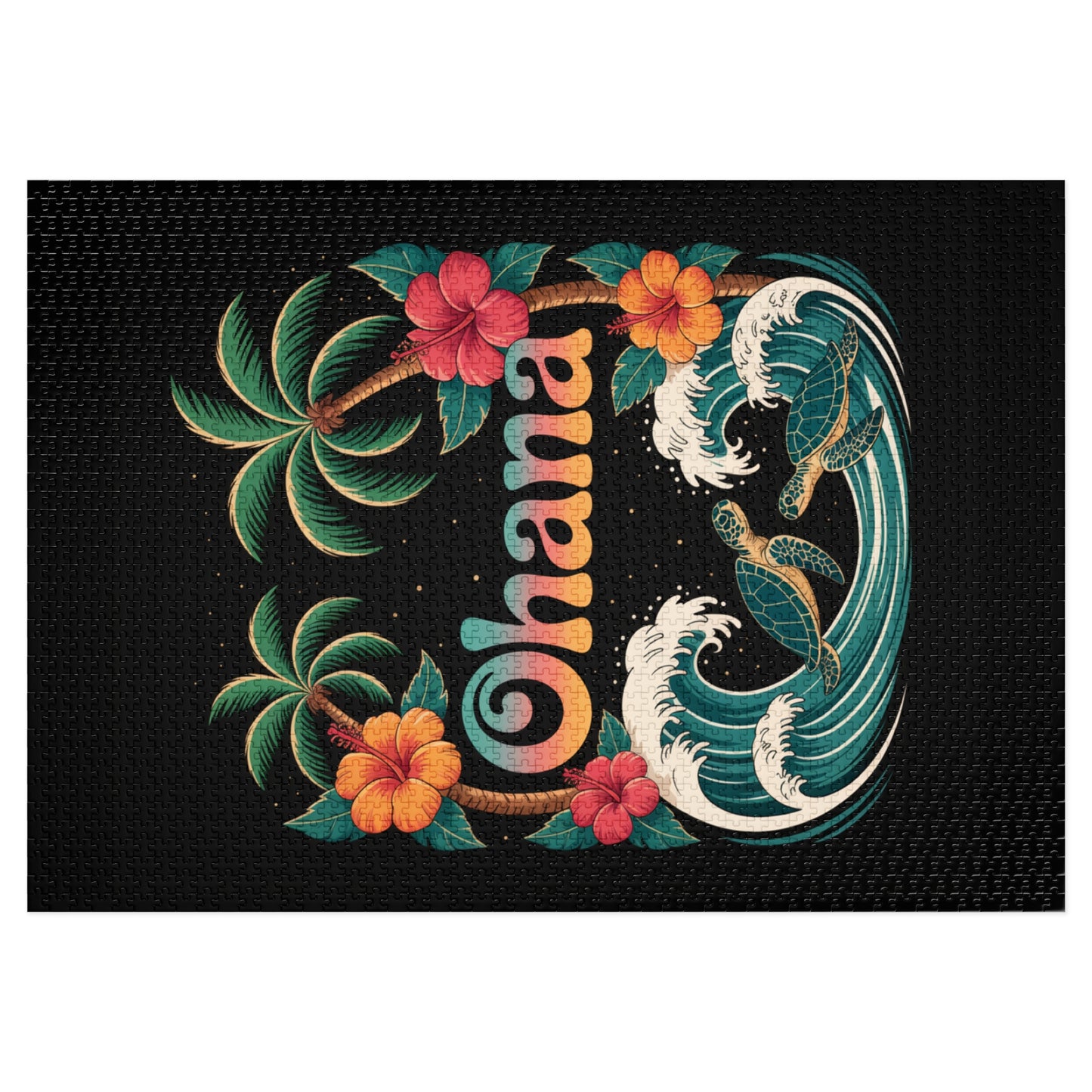 Ohana Jigsaw Puzzle - Retro Hawaiian Sea Turtle & Palm Tree Puzzle for Family Fun, Gift, or Decor - Tropical Beach Aesthetic Puzzle