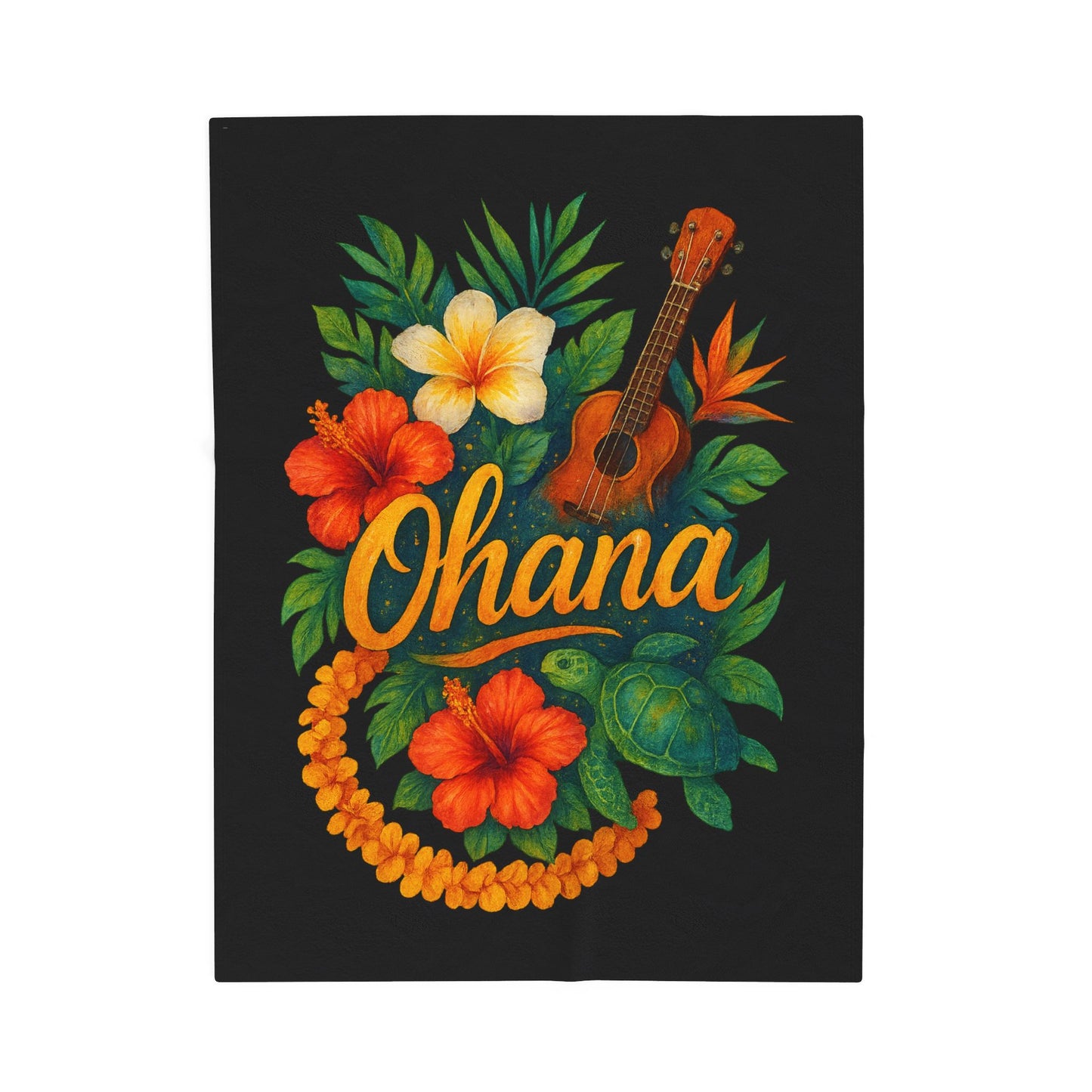 Ohana Hawaiian Blanket - Tropical Floral Turtle Ukulele Throw - Polynesian Island Bedding - Hawaii Gift - Cozy Beach Vibes Decor