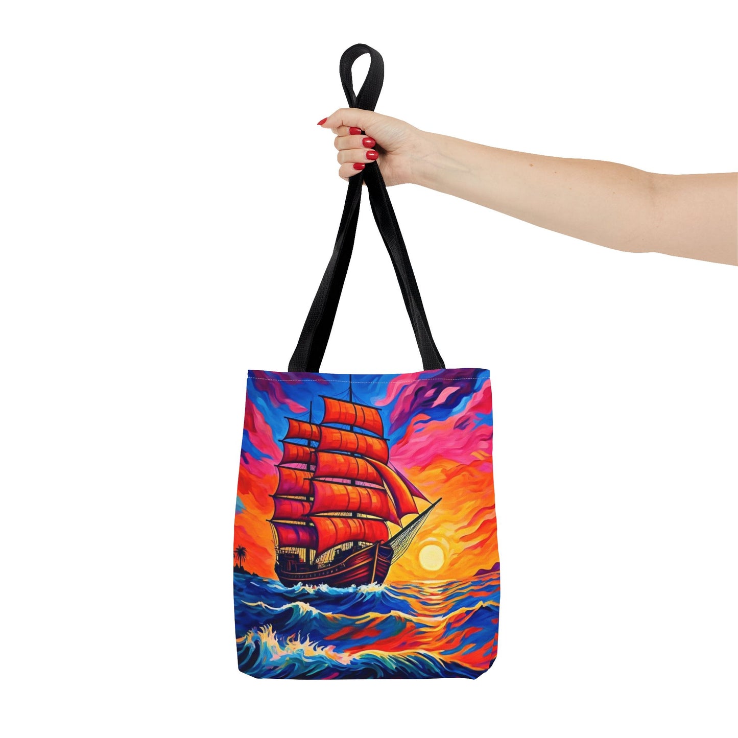 Crimson Voyage Tote Bag, Red Sailboat At Sunset Artistic Ocean Design, Nautical Reusable Tote For Beach, Travel, And Everyday Use