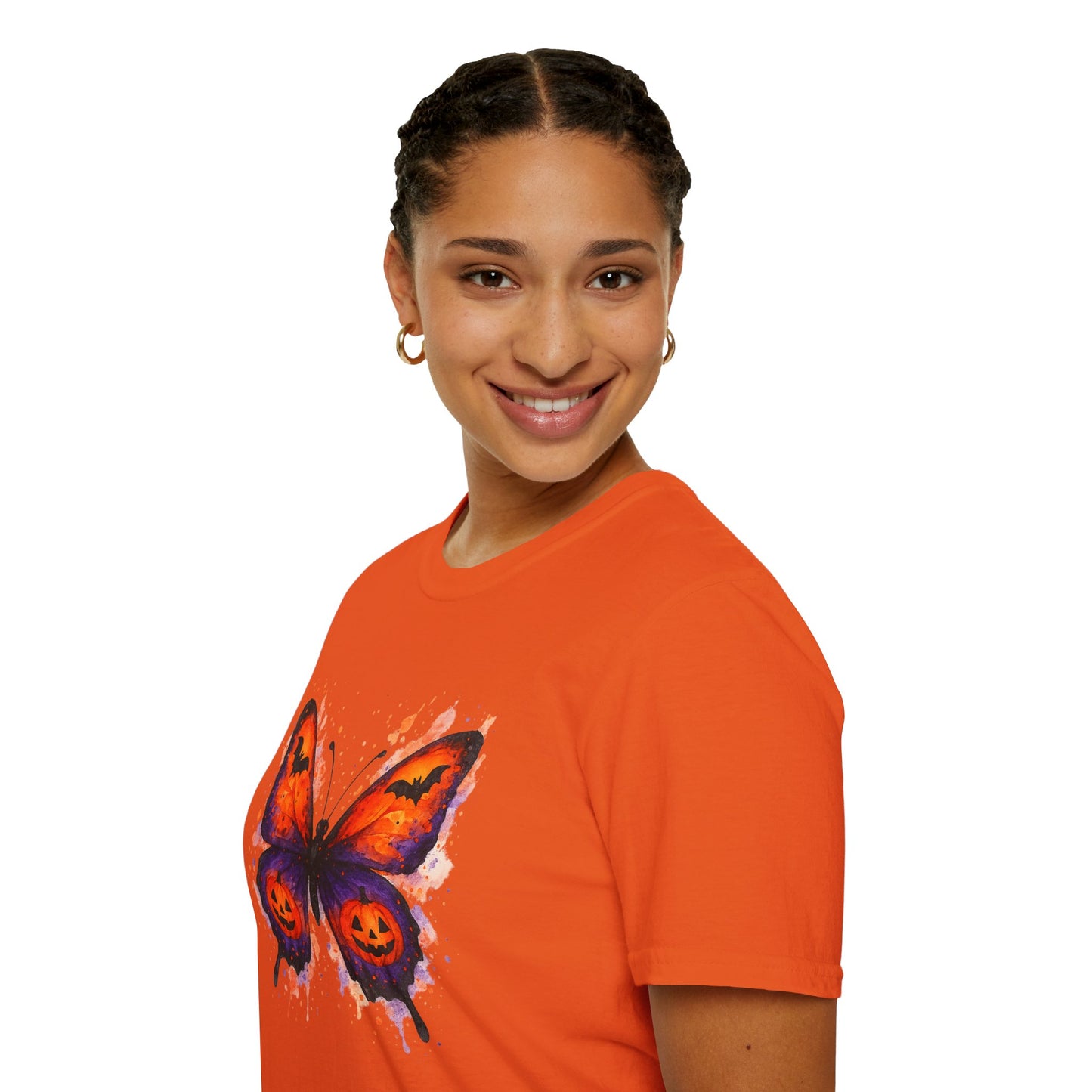 Halloween Watercolor Butterfly T-Shirt - Pumpkin Butterfly Tee, Spooky Butterfly Shirt, Bat and Jack-O'Lantern Wings, Fall Aesthetic Tee