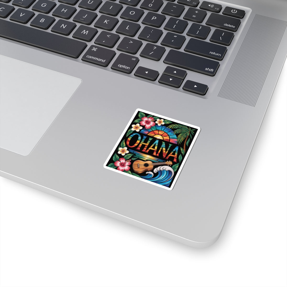 Ohana Sticker - Hawaiian Aesthetic Decal, Tropical Sunset, Ukulele, Hibiscus Flowers, Aloha Vibes