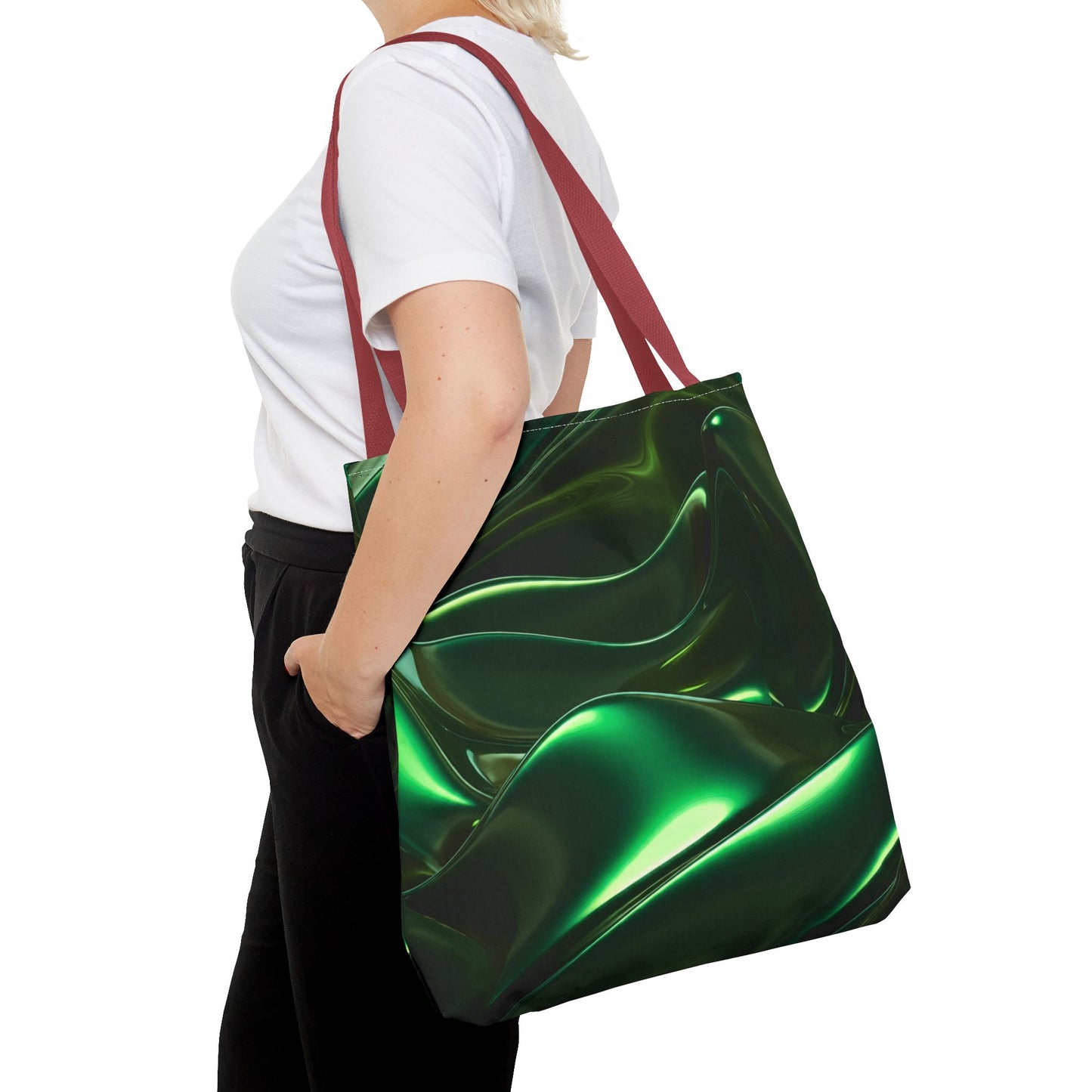 Futuristic Green Tote Bag - Abstract Metallic Wave Art Tote - Glossy Cyber Aesthetic Bag, Techwear Vibes, Edgy Gamer Gift, Trendy Street Style