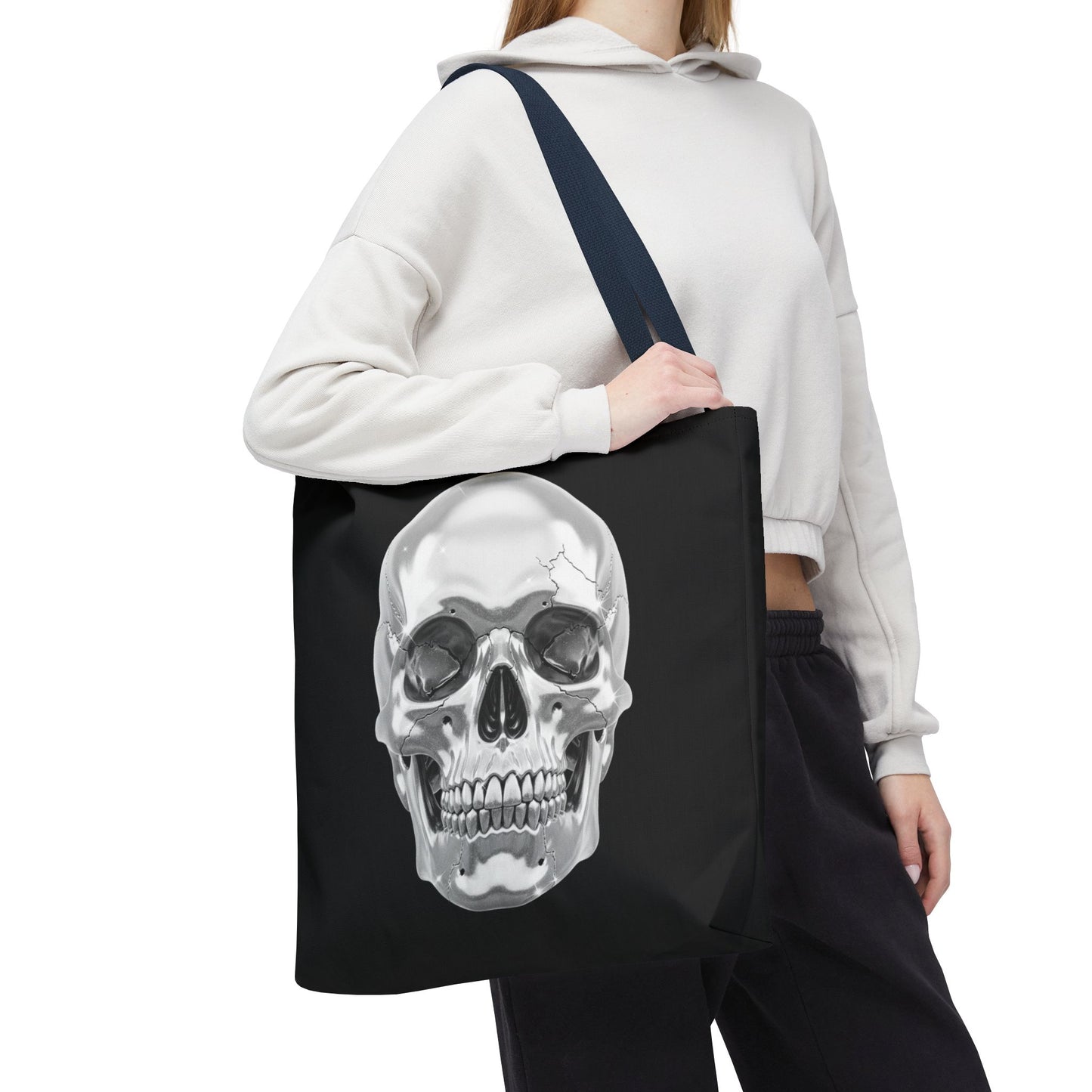 Chrome Skull Tote Bag, Gothic Halloween Canvas Tote, Metallic Skull Design Bag, Spooky Season Accessory, Skull Gift Tote For Horror Fans