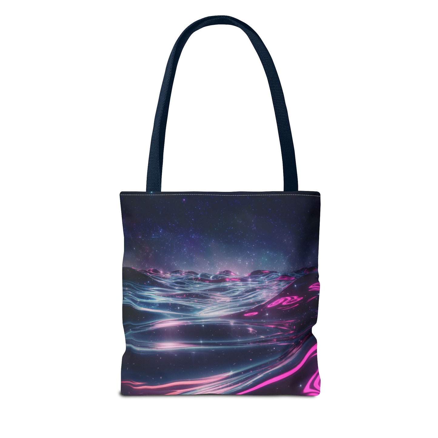 Neon Wave Horizon Tote Bag, Futuristic Ocean Design With Pink And Blue Light, Sci-Fi Aesthetic Reusable Tote For Travel, Gifts, And Everyday Use
