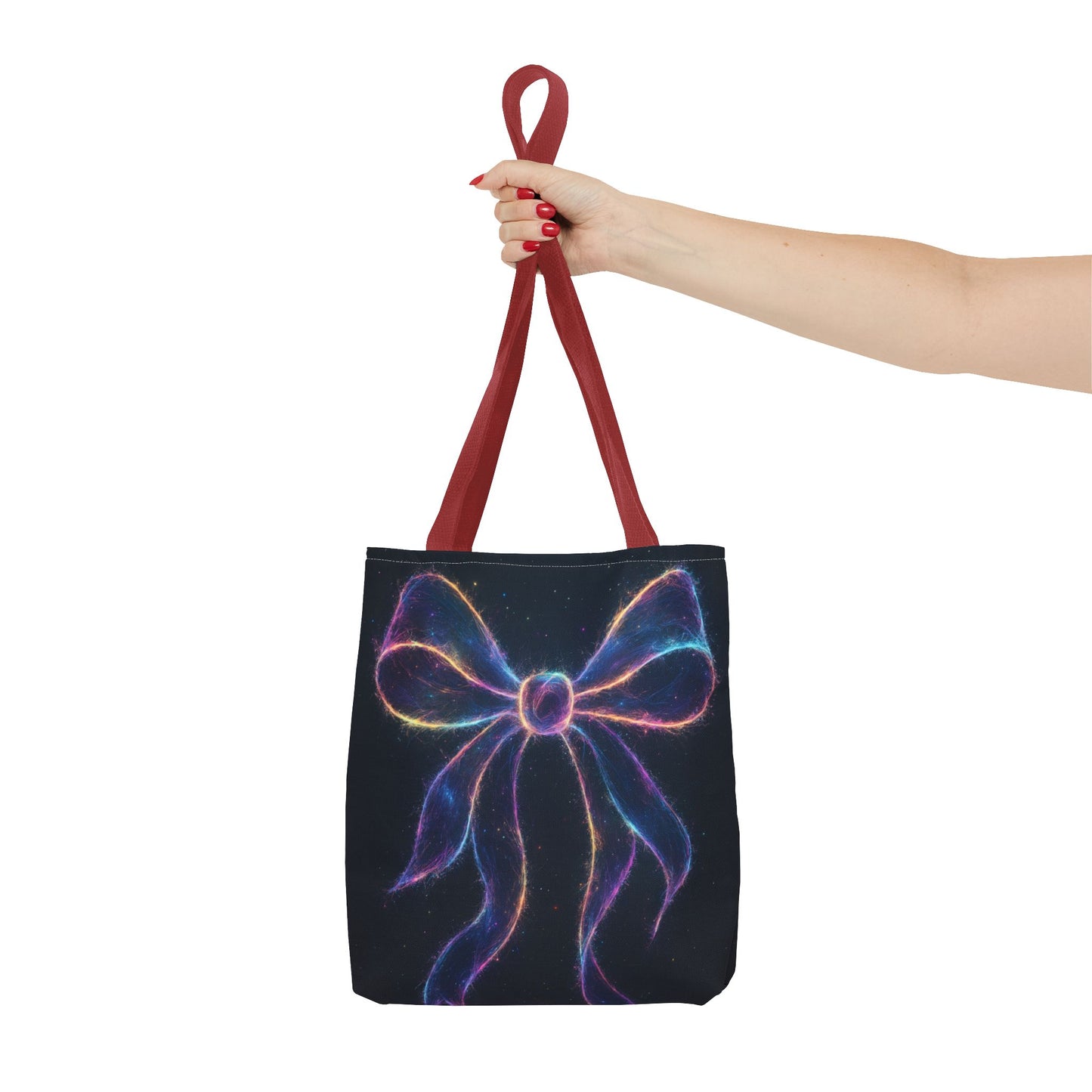 Galaxy Glow Bow Tote Bag, Cosmic Neon Ribbon Design, Black Space Art Bag, Celestial Gift For Her, Stylish Reusable Everyday Tote