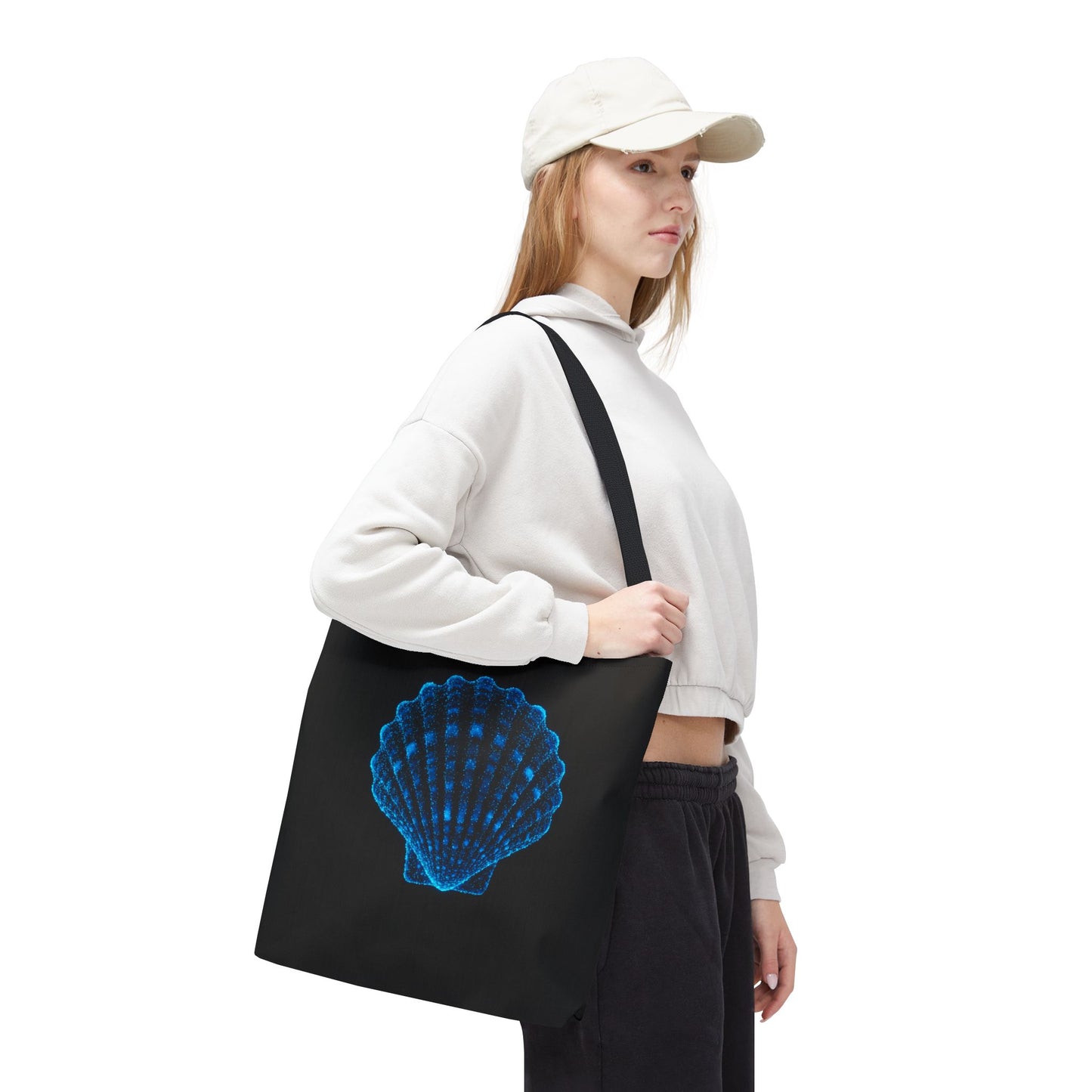 Neon Blue Shell Tote Bag – Digital Scallop Design Canvas Tote, Ocean Tech Art, Minimalist Beach Statement, Reusable Black Shopper Bag