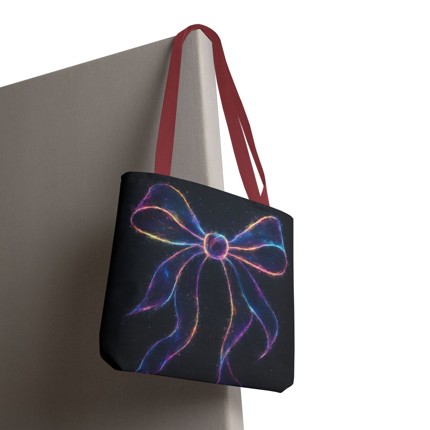 Galaxy Glow Bow Tote Bag, Cosmic Neon Ribbon Design, Black Space Art Bag, Celestial Gift For Her, Stylish Reusable Everyday Tote