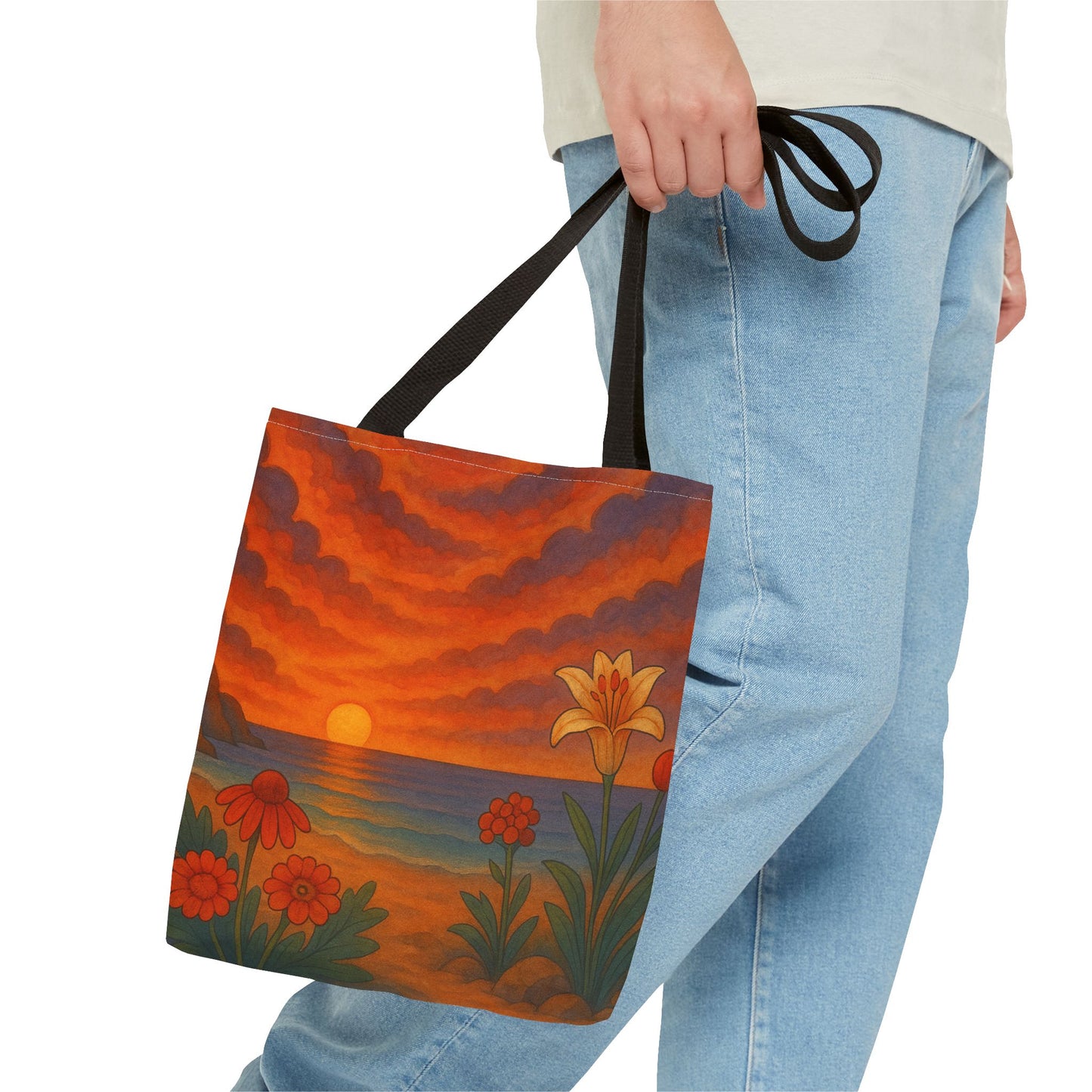 Retro Sunset Tote Bag with Wildflowers – Vibrant Floral Landscape Art, Nature-Inspired Reusable Bag, 70s Style Summer Accessory