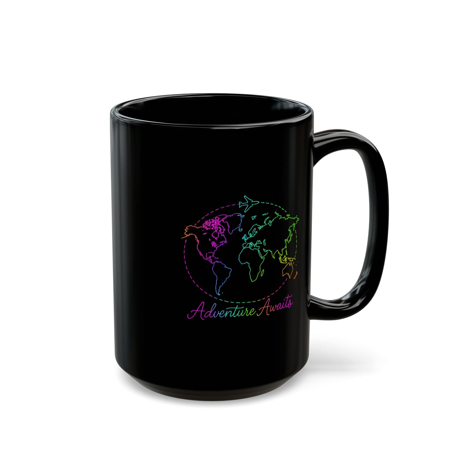 Adventure Awaits Neon Line Mug - Y2K Travel Coffee Cup - Rainbow World Map, Plane Design Ceramic Gift for Wanderlusters